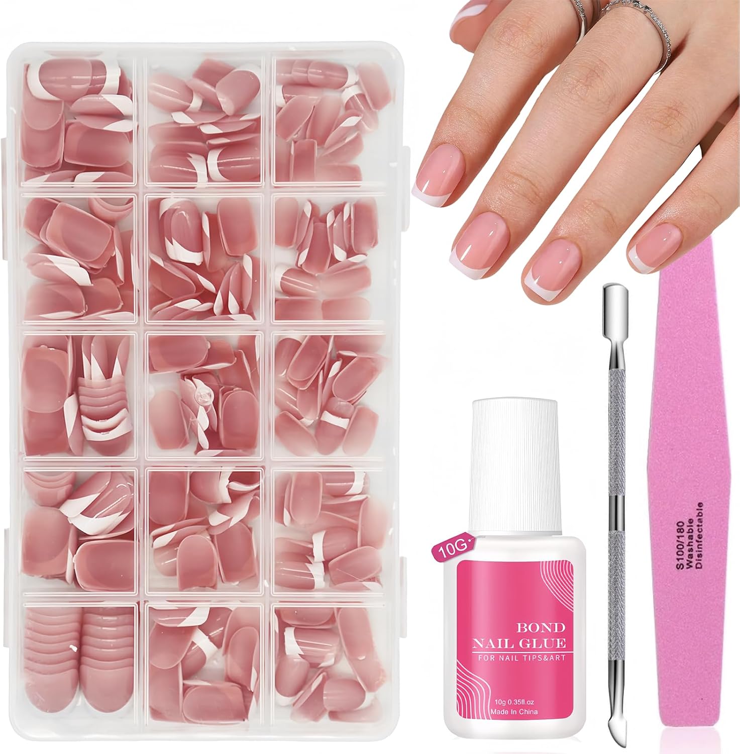 Press on Nails - 240 Pcs French False Nails Short - French Tip Nude Color False Nail Kit - Cute Short Full Cover Stick on Nails Nail Art Manicure Decorations for Girls Women