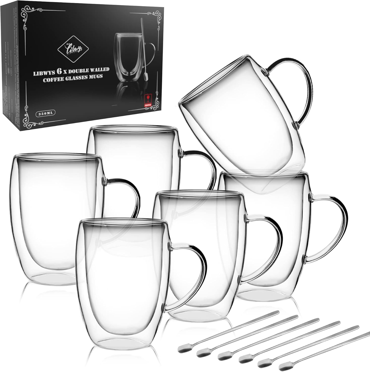 LIBWYS 6 Pack Double Walled Coffee Cups Glasses Mugs, Cappuccino Latte Tea Cups with Handle, Heat Resistant Cup Drinking Glasses 350ML Coffee Cup