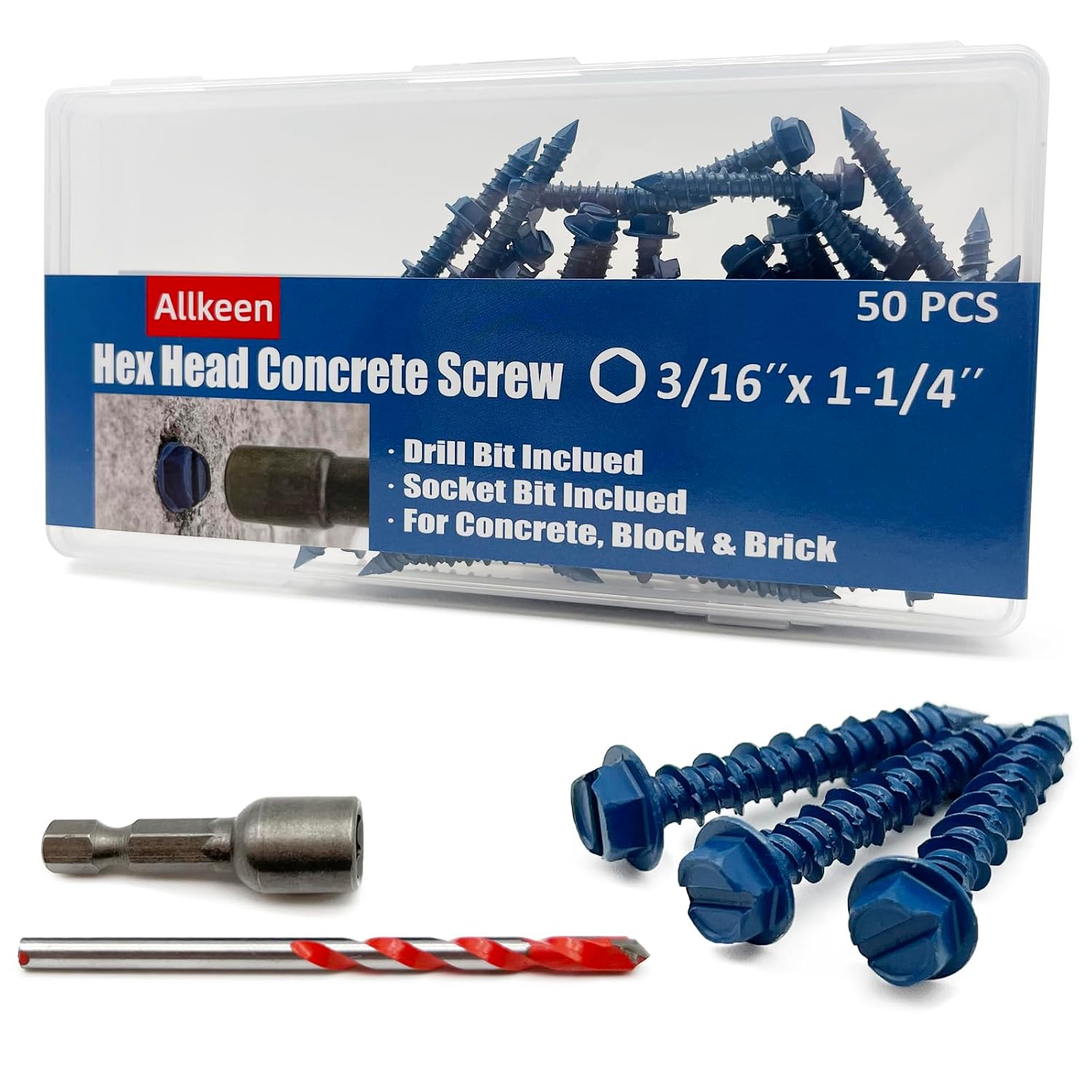 3/16" x 1-1/4" Hex Head Concrete Screws, Anchoring to Masonry, Brick, Block, Cement or Stucco, 50PCS
