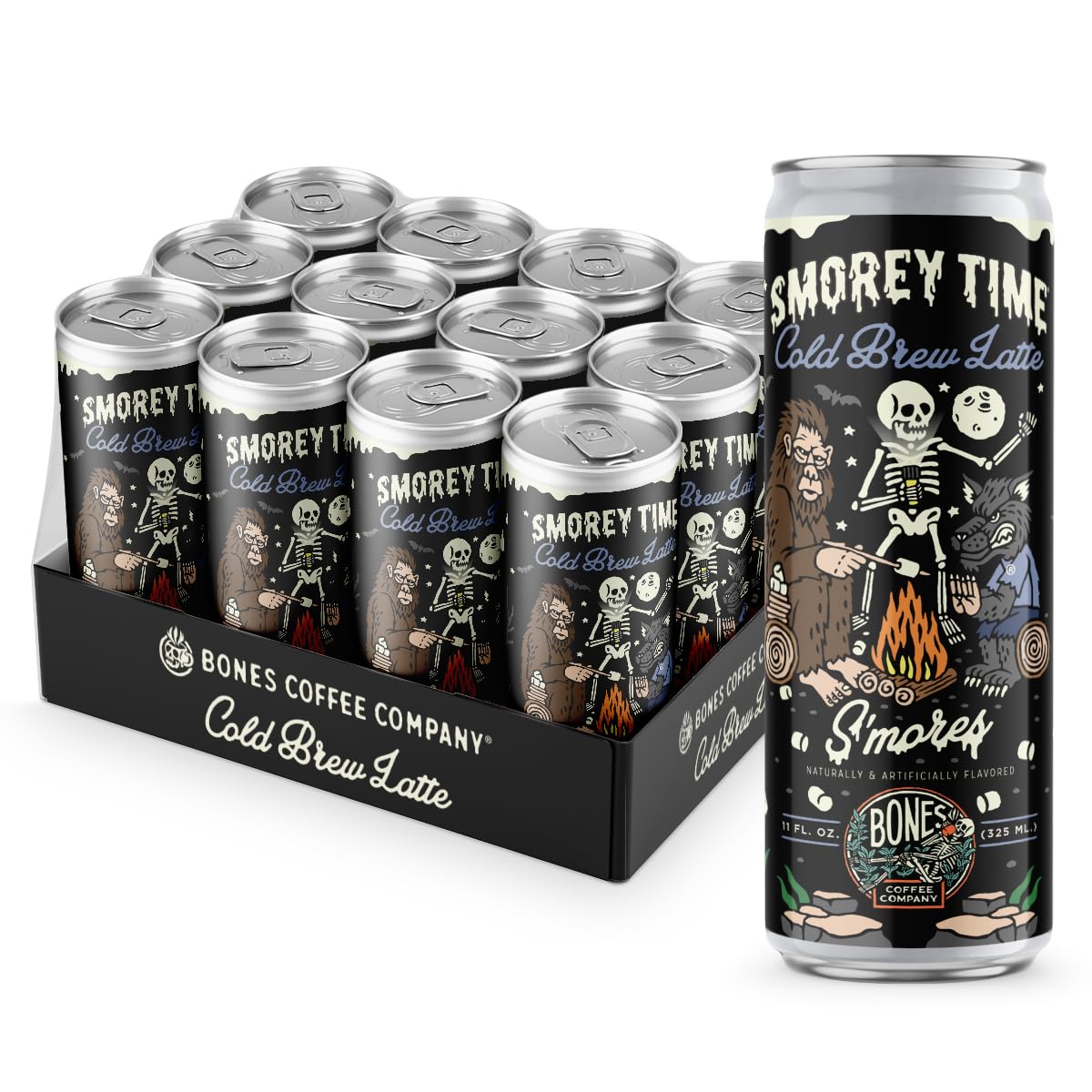 Bones Coffee Company S'mores Iced Coffee Latte - S'mores Flavored Canned Coffee Drnk - 12 Pack Cans - 11 Oz Each