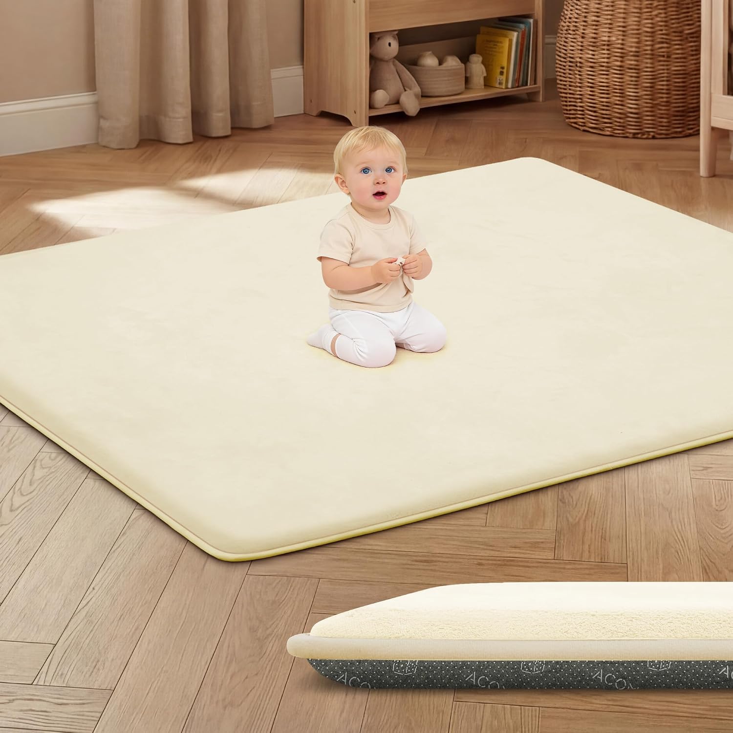 ACOMOPACK Extra Large Baby Play Mat, 3cm Thick Memory Foam, 180 x 200 cm Non-Slip Soft Plush Activity Mat for Tummy Time & Crawling (Beige)