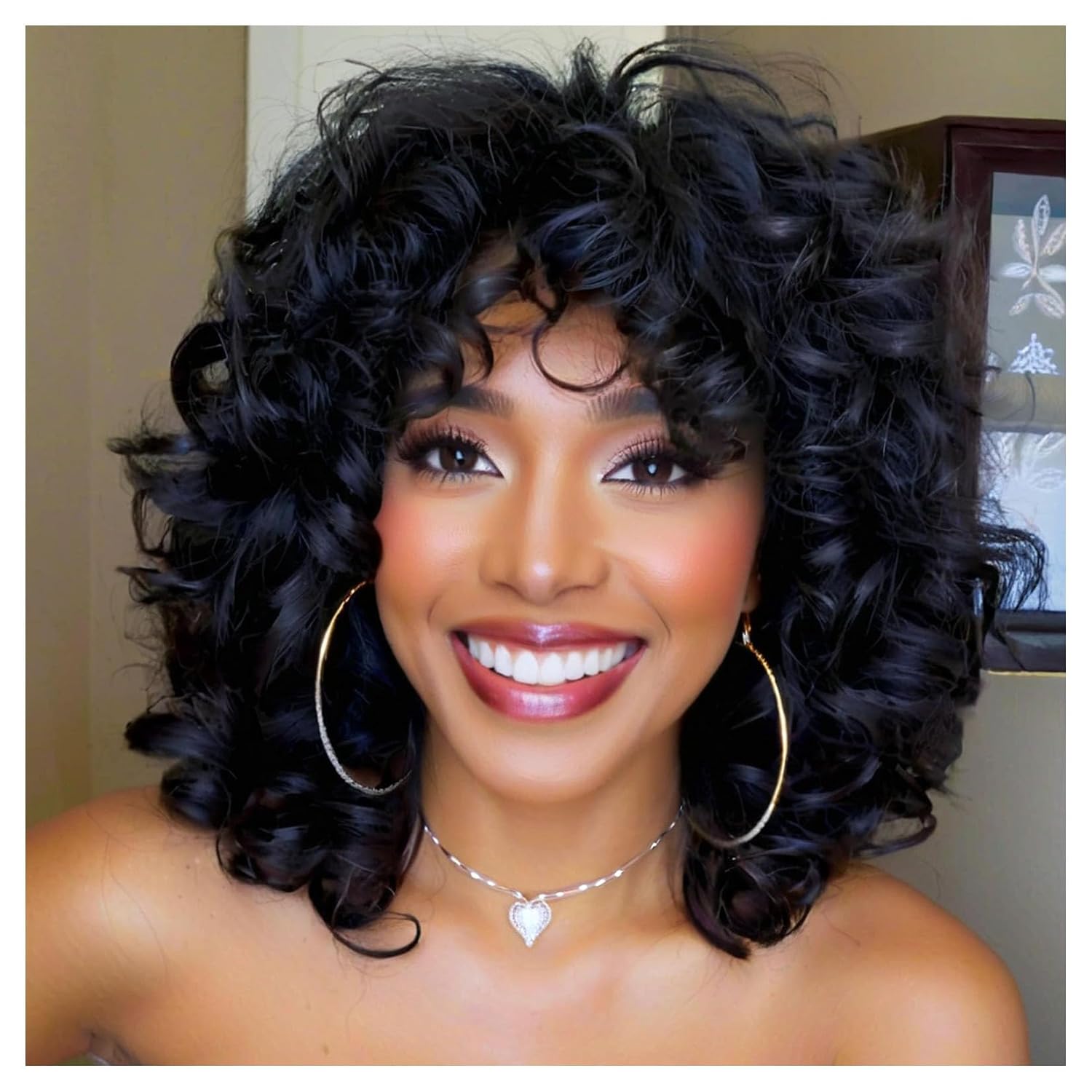 Short Curly Wigs for Black Women Soft Black Big Curly Wig with Bangs Afro Kinky Curls Heat Resistant Natural Looking Synthetic Wig for African American Women （Black）