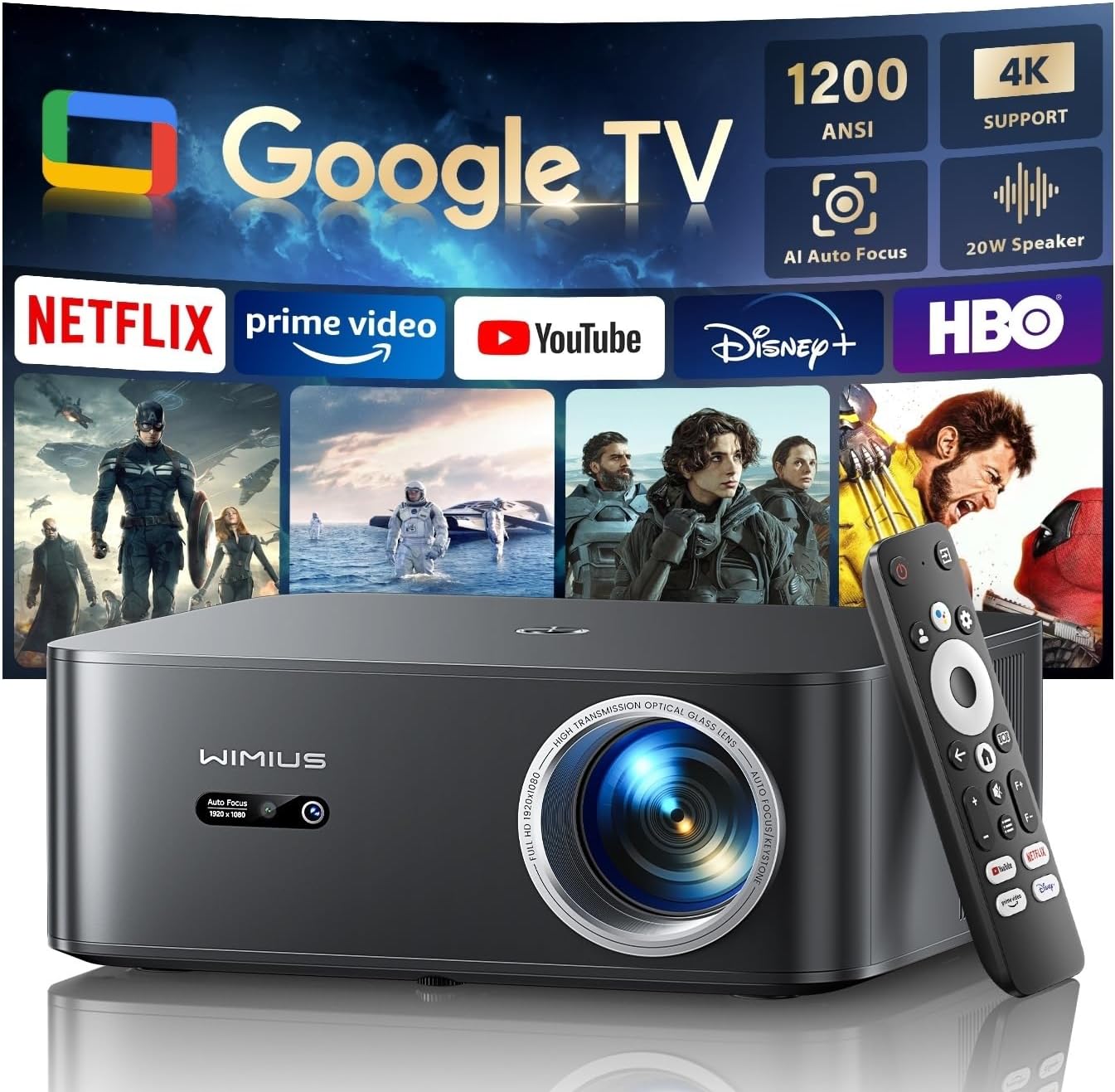 Projector【1200 ANSI/Google TV/Netflix Disney+ Licensed】WiMiUS 4K Projector for Bedroom Full HD 1080P, Auto Focus/Keystone, WiFi 6 & Bluetooth Smart Outdoor & Indoor Home Cinema Projectors