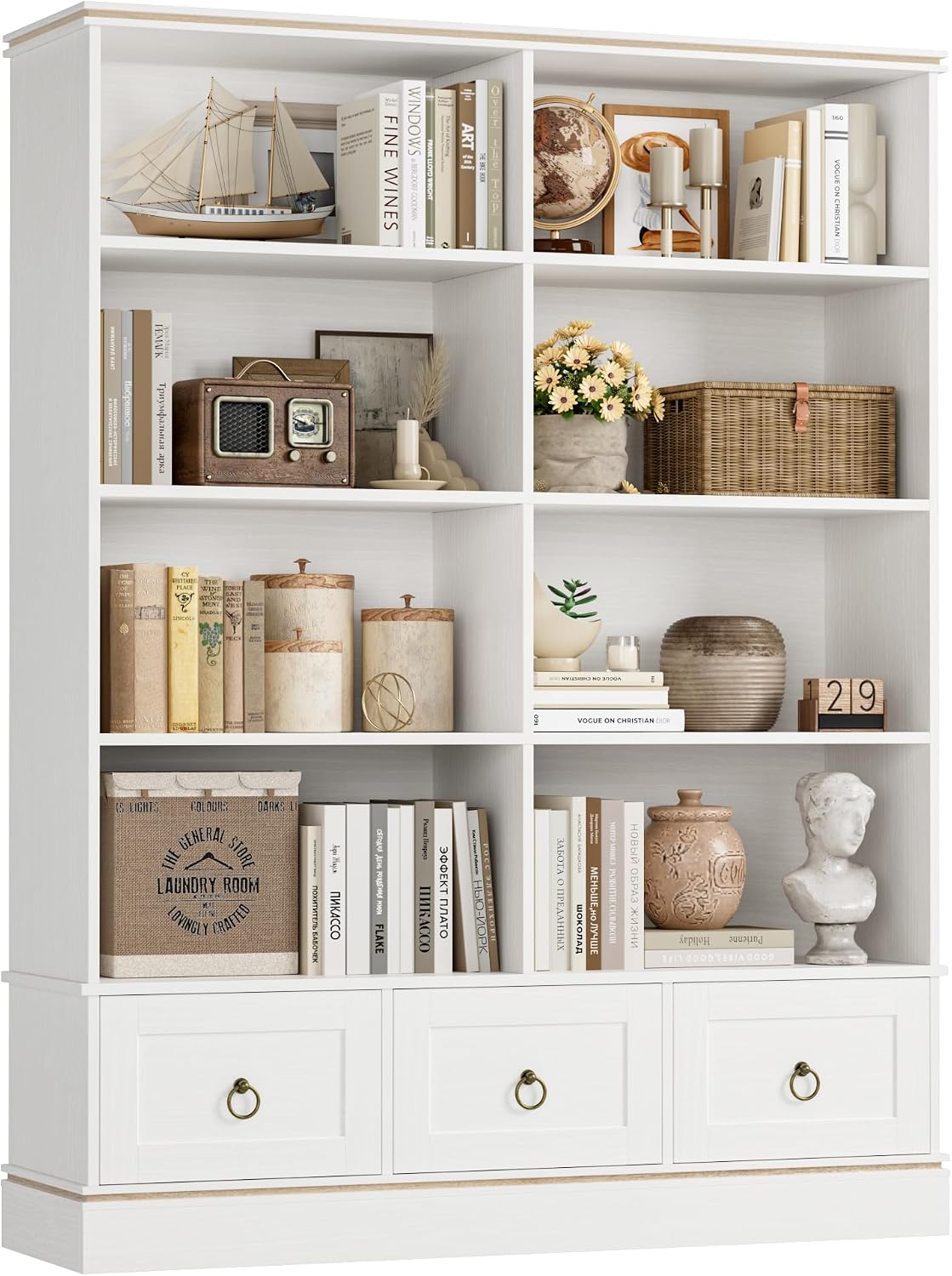 HOSTACK Farmhouse Bookshelf and Bookcase, 47" Wide Bookcase with Drawers, 5 Tier Book Shelves with Storage, Large Display Shelves, 63" Tall Wood Standing Shelving Unit for Home Office, Study, White