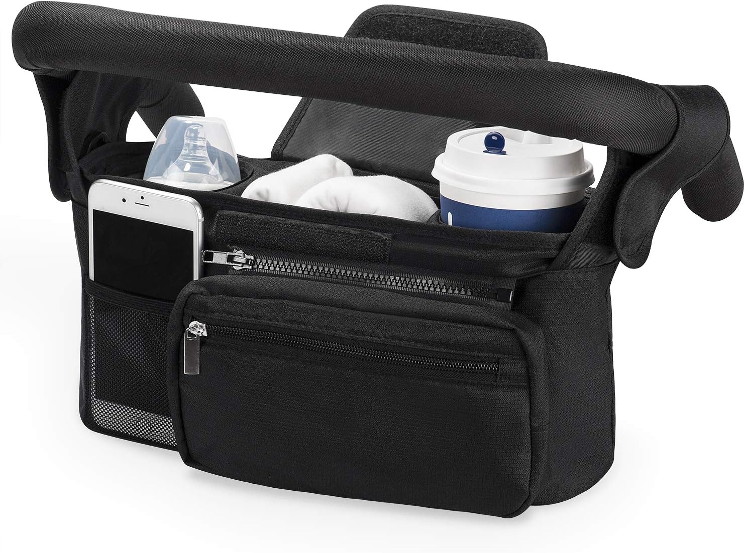 Momcozy Baby Pushchair Organiser, 3 Insulated Cup Holder，Detachable Zippered Pocket, Adjustable Shoulder Strap, Large Capacity for Baby Essentials, Compact Design Fits Any Pram Handlebar