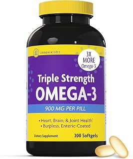 InnovixLabs Triple Strength Omega 3 Fish Oil Supplement, 900 mg, Pure EPA DHA Omega 3 Supplement Brain and Joints, Burpless Omega-3 for Women and Men with Enteric Coating, 200 Capsules