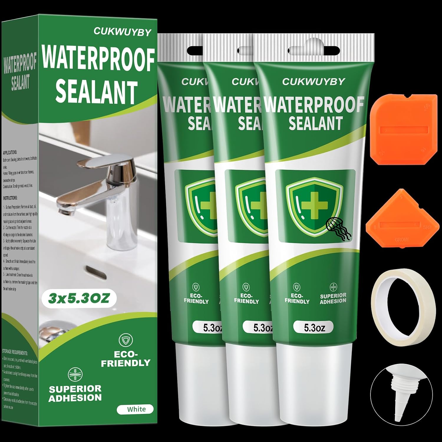 3 Pack Silicone Caulk 5.3 Oz (Total 15.9 Oz) Squeeze Tube Waterproof Silicone Sealant for Kitchen Bathroom Stronger Adhesion White Caulk for Window Toilet Sink Caulking Sealant with Tape and Scraper