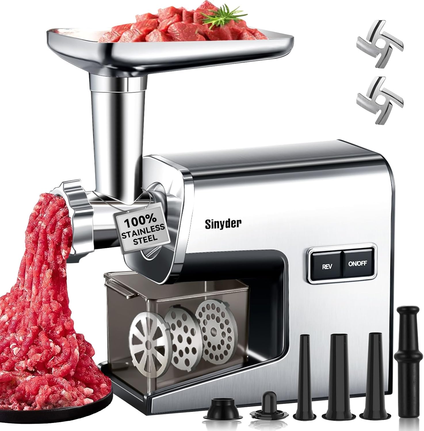Electric Meat Grinder,3000 Max 304 Stainless Steel Meat Mincer Accessories with 2 Blades,3 Grinding Plates,3 Sausage Stuffer Tubes & Kubbe Kit for Home & Kitchen Use