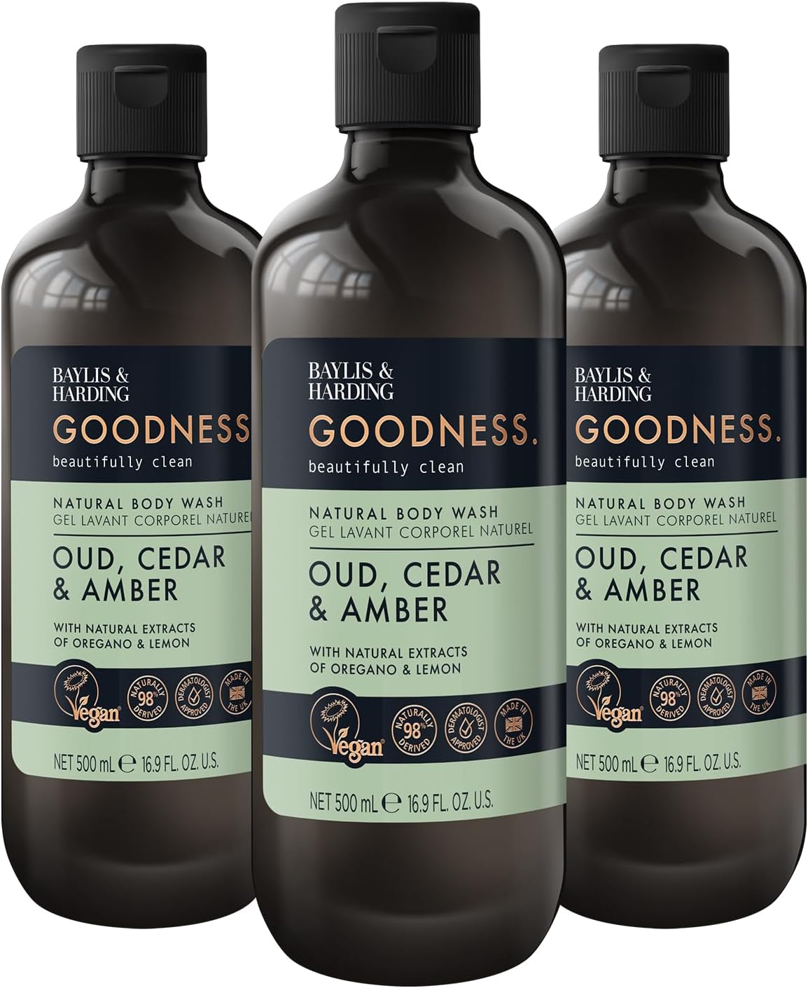 Baylis & Harding Goodness Natural Body Wash 500ml 3 pack | Oud, Cedar & Amber, 98% Naturally Derived, Dermatologist Approved, Vegan Friendly, Made in UK