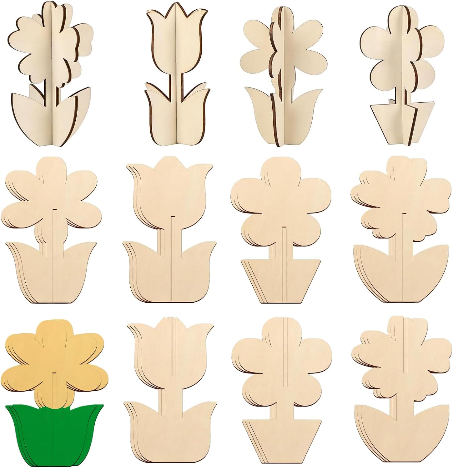 Flower Wood Crafts to Paint for Adults, 24Pcs Paintable Unfinished Wooden Slices for Craft,4 Styles 3D DIY Flowers Unfinished Wood Cutouts Ornament for Painting Decorations,Summer