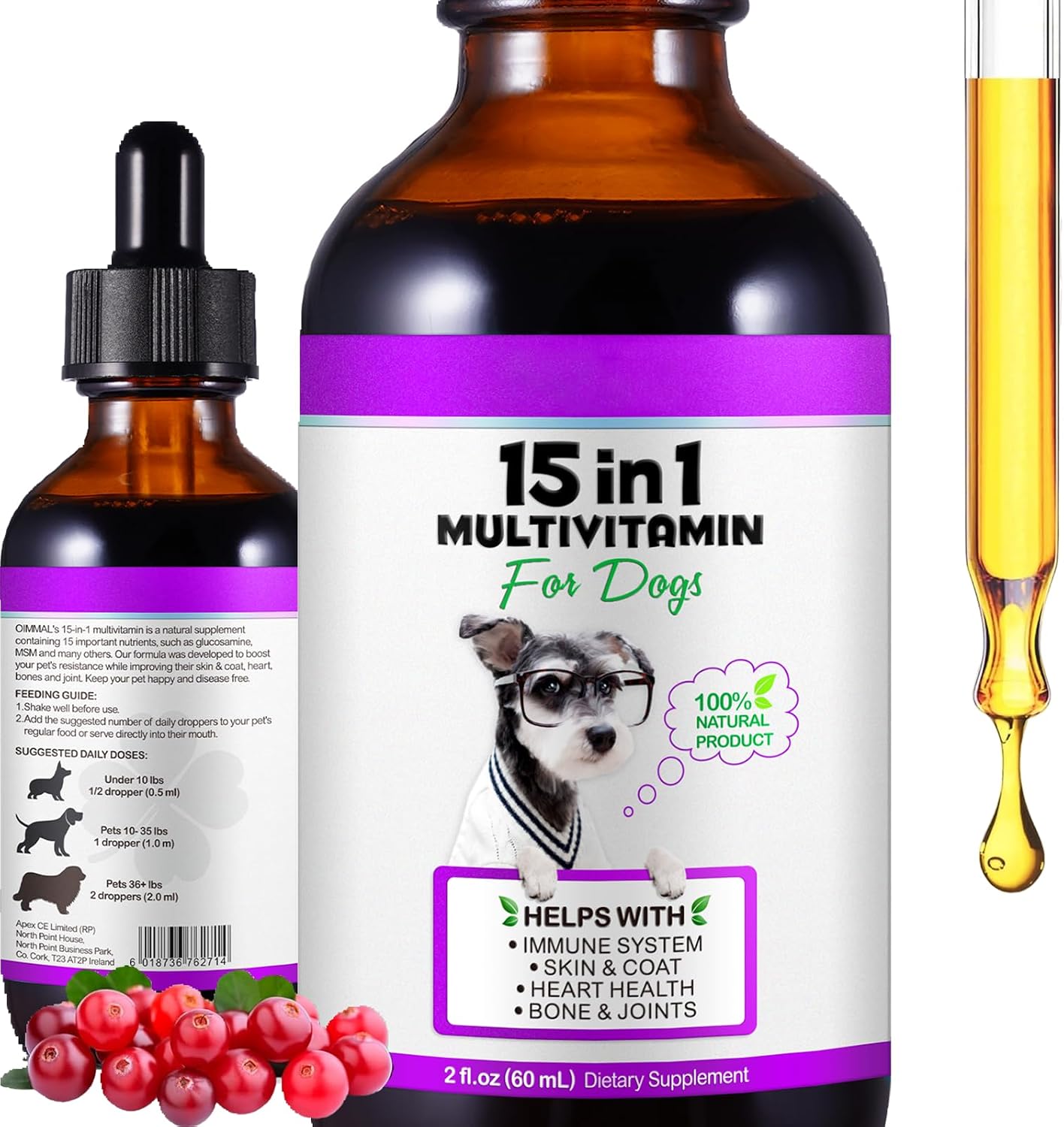 15 in 1 Dog Multivitamin Drops for Dogs - Daily Multivitamin Dog Vitamins and Supplements - Helps with Immune System, Skin and Coat, Heart & Joint Function