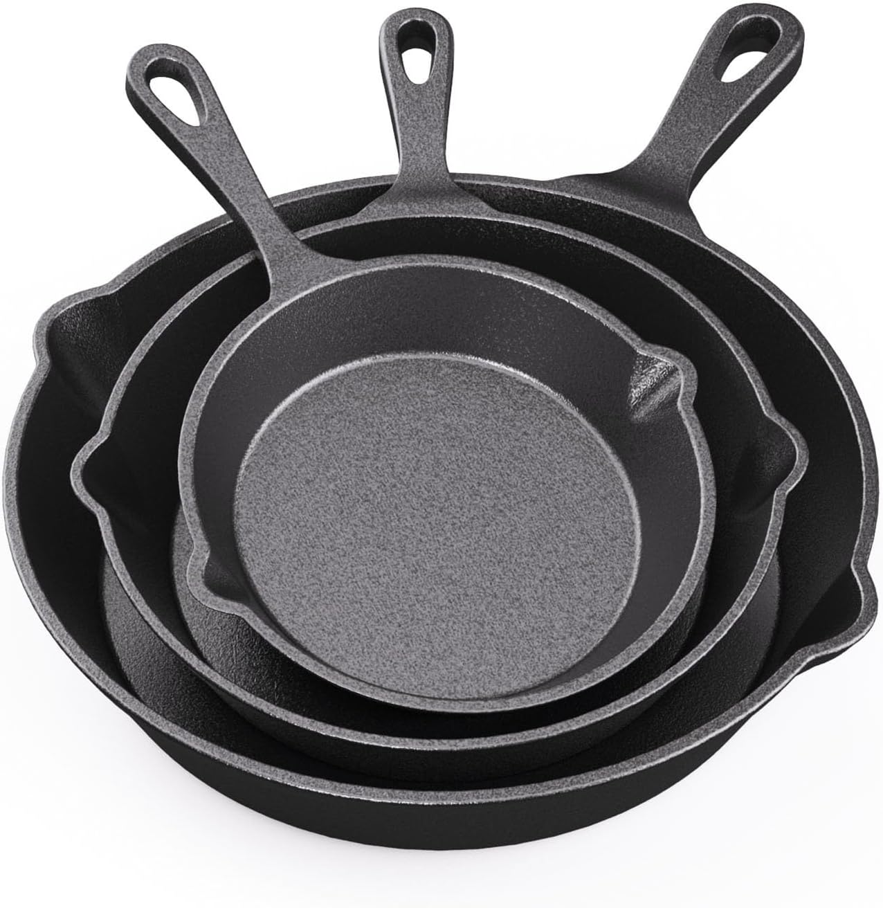 RAINBEAN Pre-Seasoned Cast Iron Skillet 3 Piece Set, Cast Iron Skillet Grill Pan with Handle for Grill, BBQ, Camping Fire, Stovetop, Kitchen and Camping Cookware