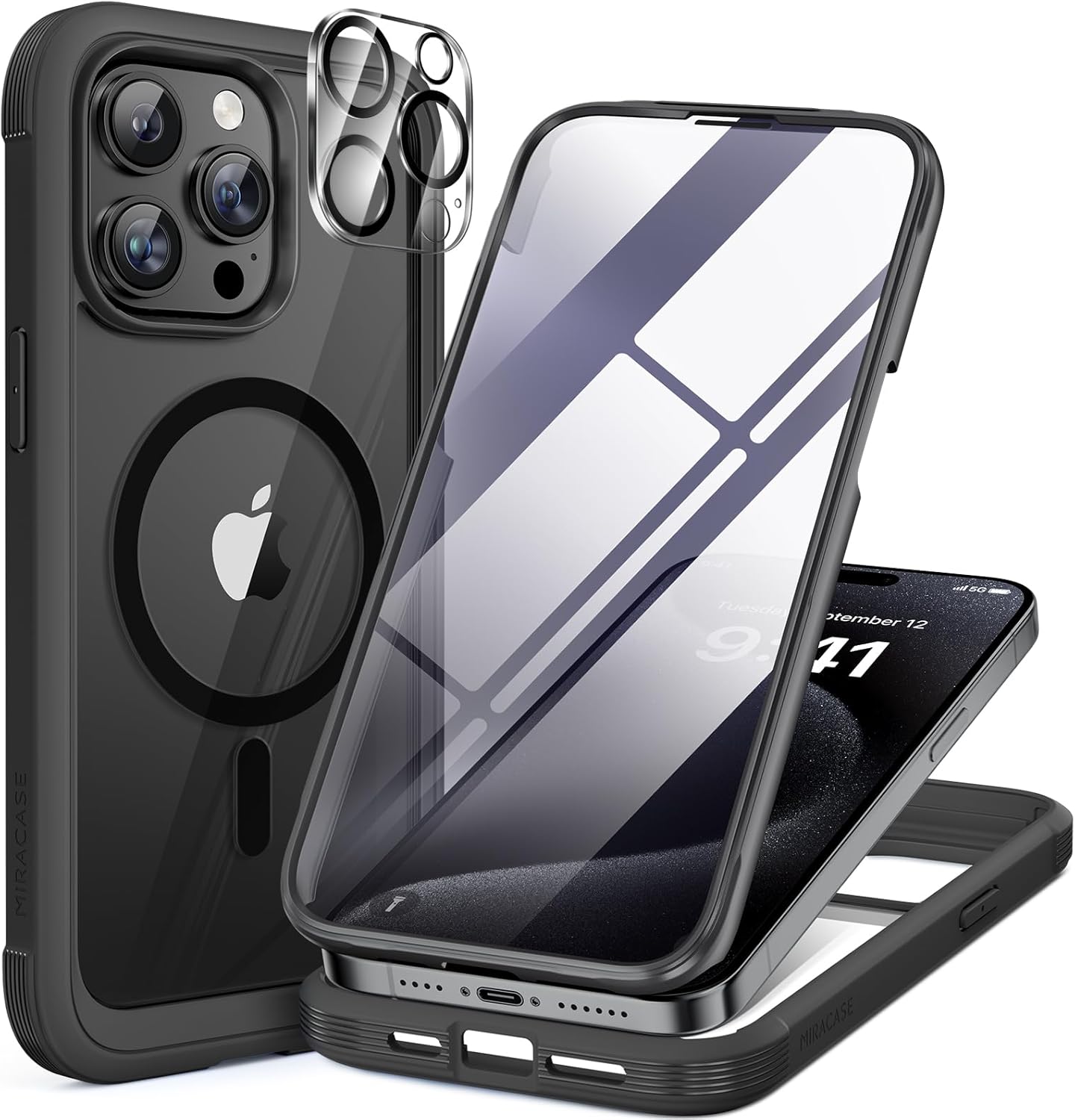 Miracase Magnetic for iPhone 15 Pro Case [Compatible with MagSafe] Full-Body Bumper Phone case with Built-in Glass Screen Protector& Camera Protector, Military Drop Proof 15 Pro Cover 6.1 inch, Black
