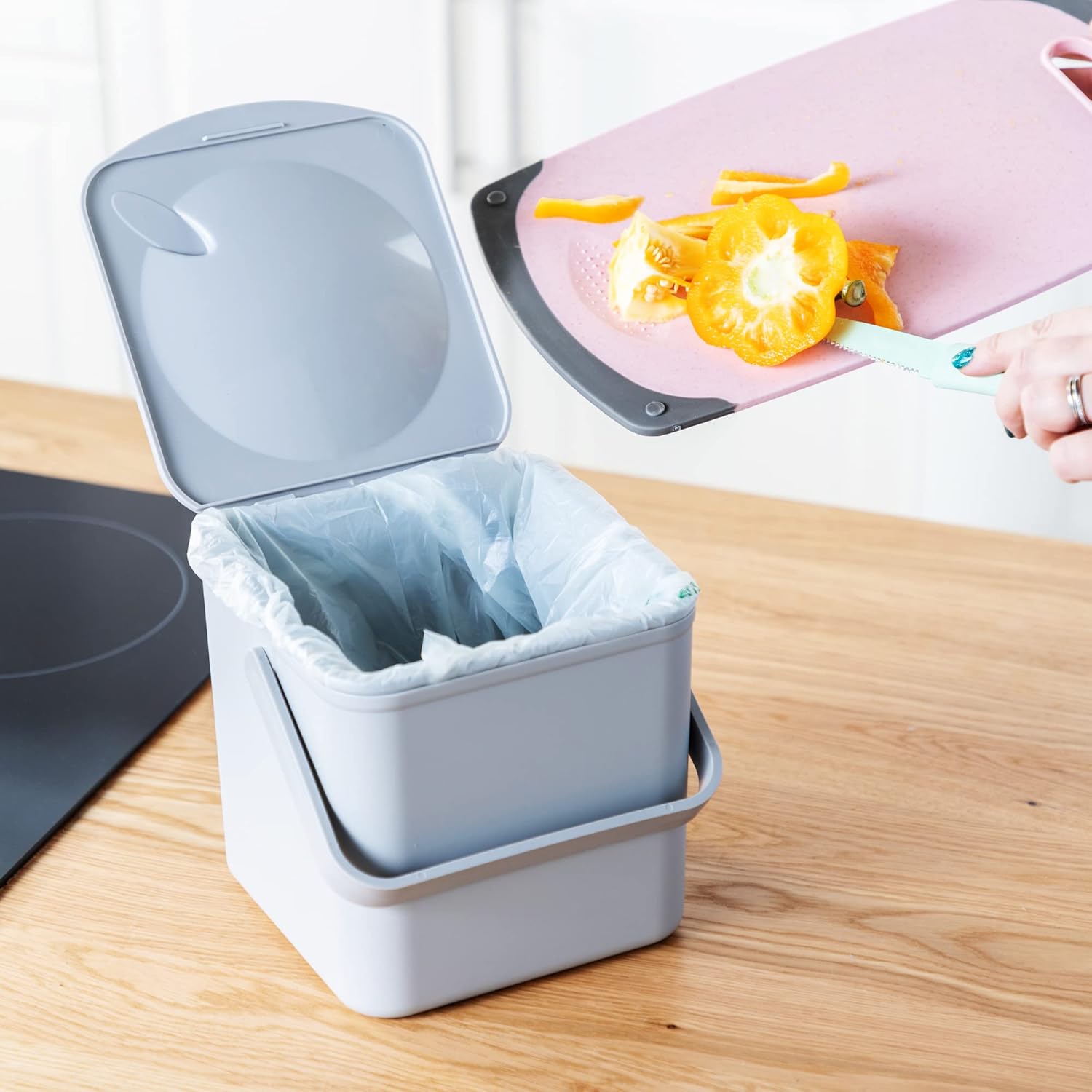 Minky Homecare Kitchen Compost Bin – Countertop Food Waste Caddy with Easy Wipe Clean Interior – Made in The UK - 3.5L (0.9 gal.) (Light Grey)