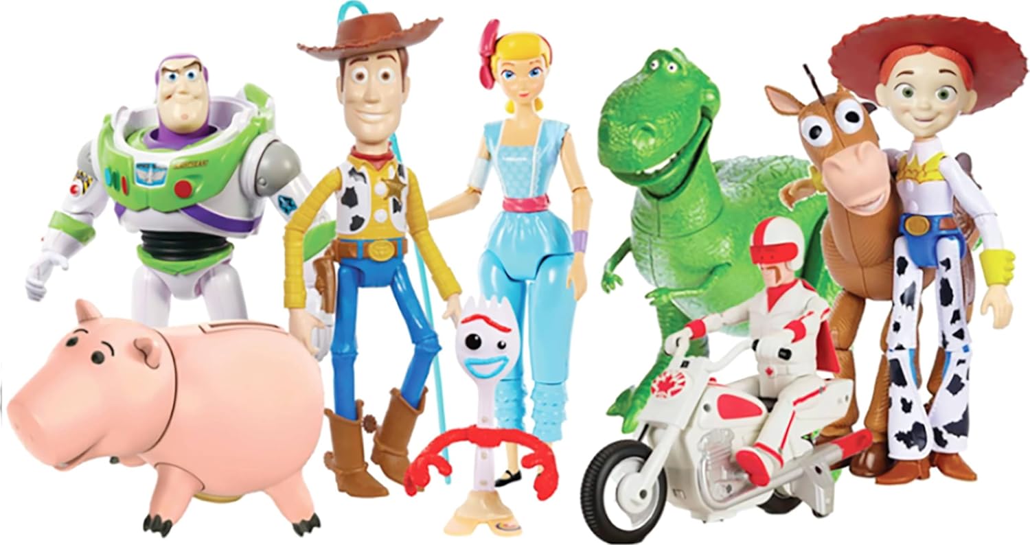 Disney and Pixar Toy Story Storytellers Figure Pack, 6 Figures & Vehicle, Woody Buzz Rex Forky Bo Peep Duke Caboom & Toy Motorcycle, Carnival Crew