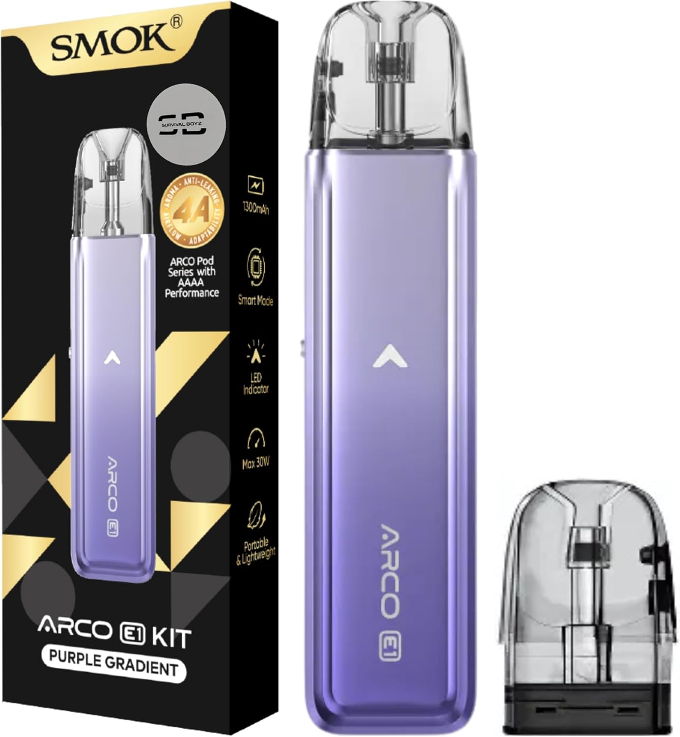 Smok Arco E1 Vape Kit [Purple Gradient] - Available in 7 colours - 2A Fast Charge, 1300mAh Battery, 30W Output, LED Indicator - Compatible with Arco Pods - No Nicotine