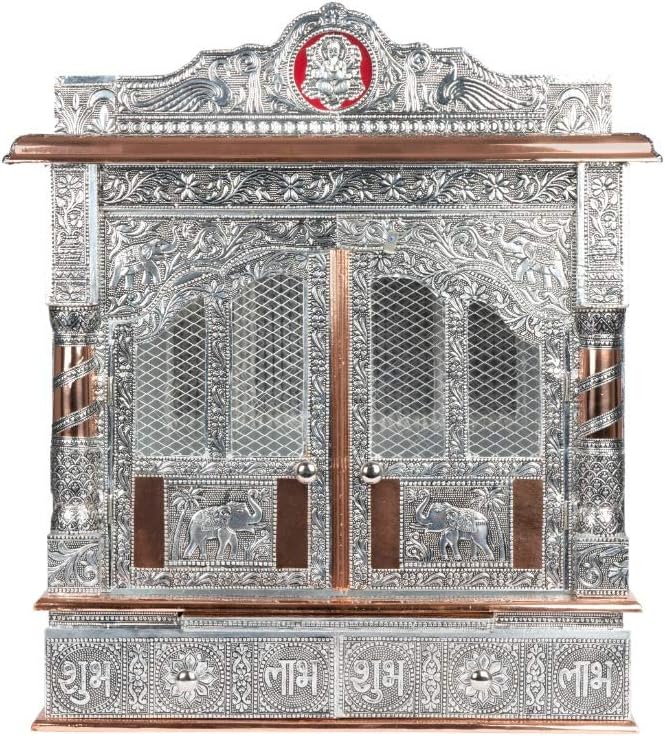 Aakrati Devyom Puja Mandir - Wooden Hindu Temple 22" Oxidized Silver Color Mandir with Doors - Fully Assembled 18 inches Width 22 inches Height 6 inches deep