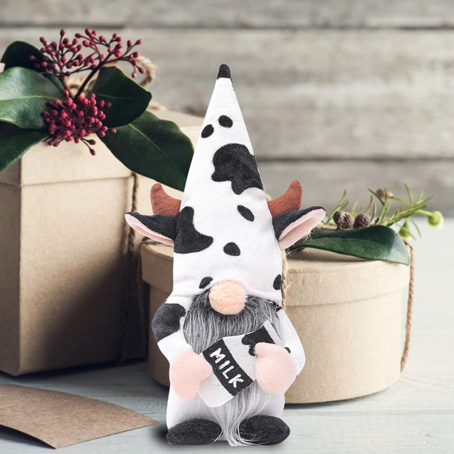 URMAGIC Farmhouse Cow Swedish Gnomes Decor Gifts, 35cm Cows Chef Gnomes with Milk Bottle Faceless Plush Dolls,Black and White Pattern Cow Gnome Figurines,Cow Gnome Decorations