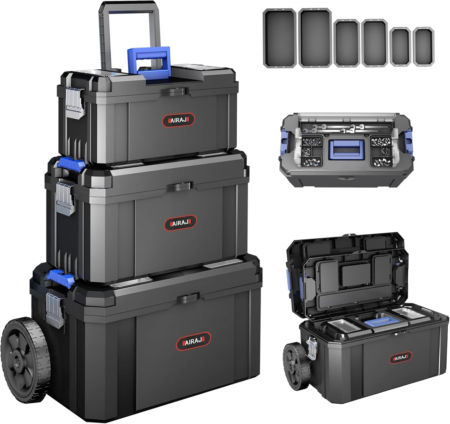 3 IN 1 Rolling Tool Box With Wheels,Stackable Tool Box,Modular Tools Storage Organizer,Top Small Parts Organizer Design,With Removable Small Parts Box,for Home,Repair,Garage Storage,17 IN+19 IN+21 IN