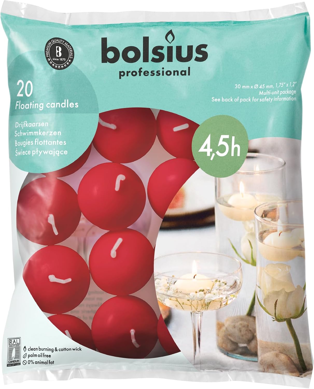 Bolsius Floating Candles - Red - Pack of 20 - Diameter 45 mm - Length Burning Time 4.5 Hours - Praffin Wax - Without Palm Oil - Decorative Household Candles