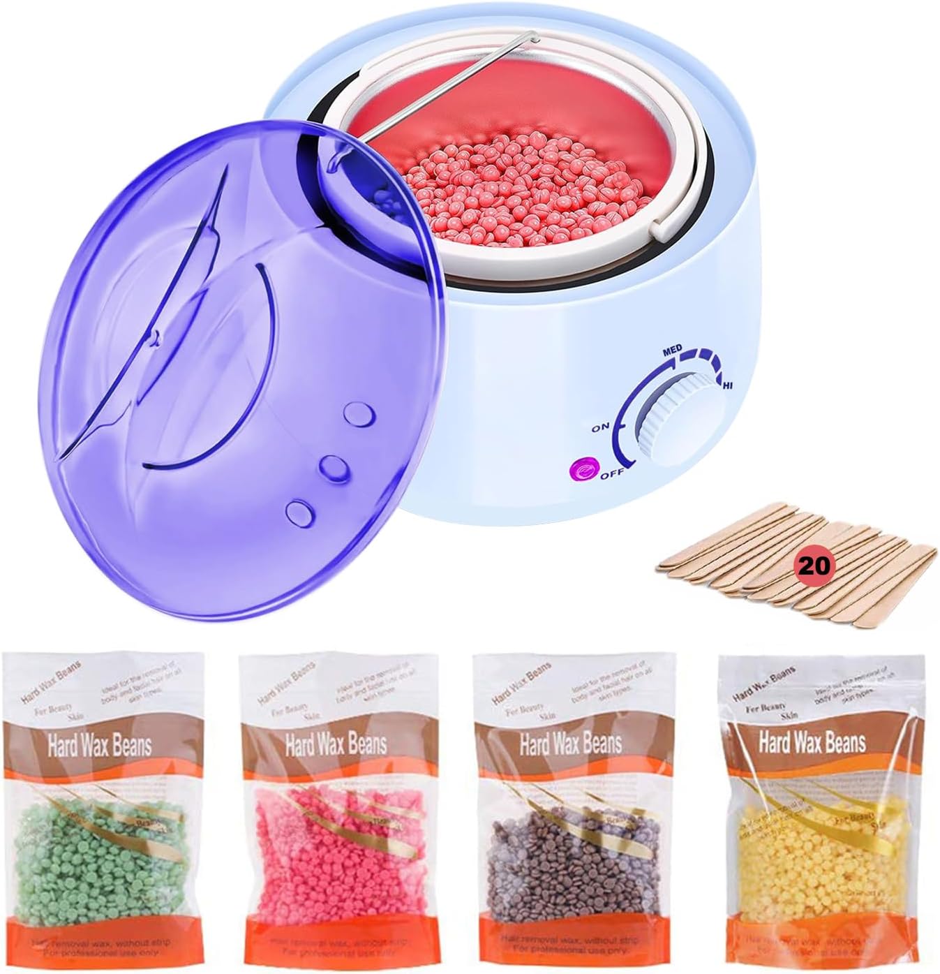 Wax Warmer Full Kit,Wax Heater Hair Removal Kit with Adjustable Temperature,with 4 Different Flavor Hard Wax Beans and 20 Wax Applicator Sticks,Painless at Home Wax Warme Hair Removal