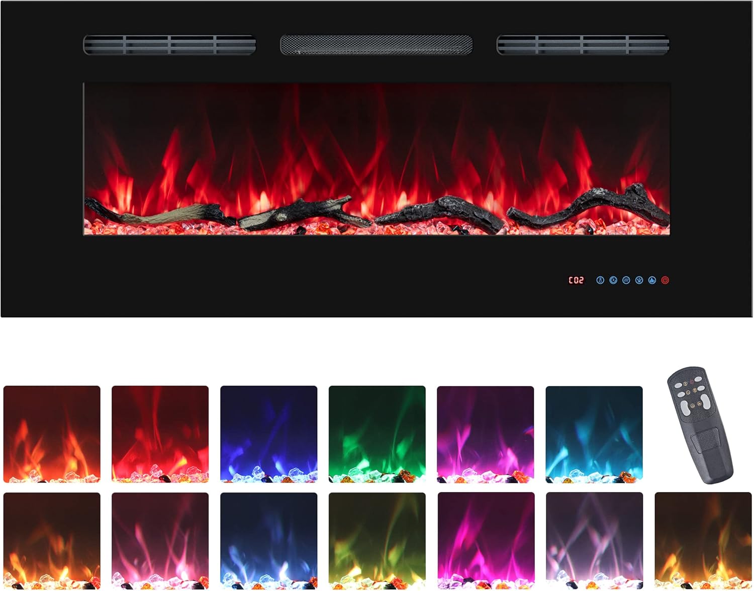 36" Electric Fireplaces Inserts, Recessed & Wall-Mounted Fireplace Heater with Thermostat, Multicolor Flames,Timer, Log & Crystal, 750/1500W