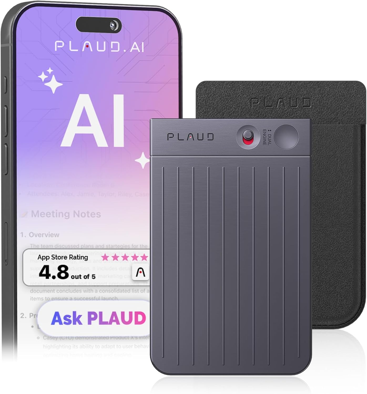 AI Voice Recorder, PLAUD Note Voice Recorder w/Case, App Control, Transcribe & Summarize with AI Technology, Support 112 Languages, 64GB Memory, Audio Recorder for Lectures, Meetings, Calls, Black