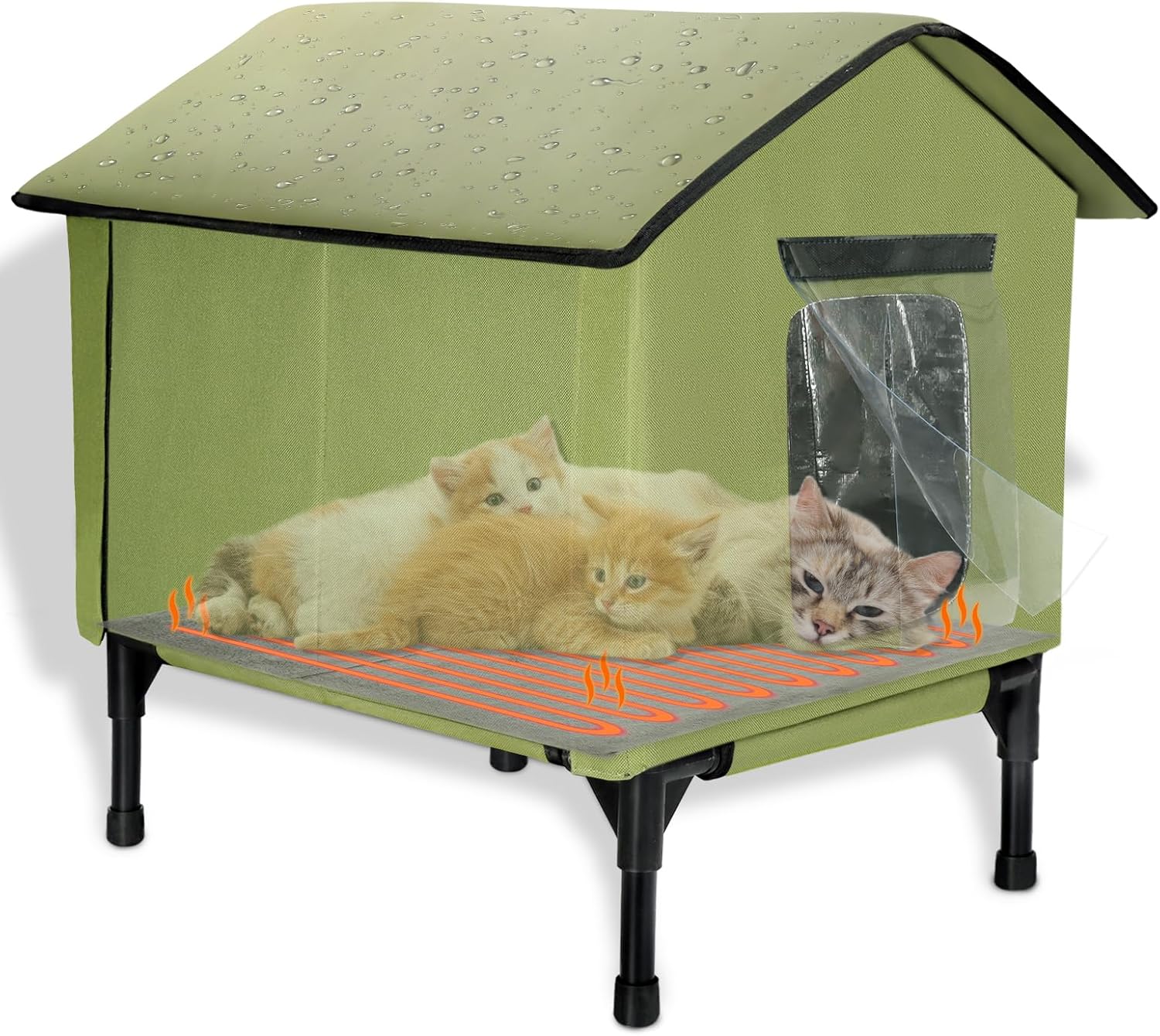 Heated Cat House for Outside in Winter, Elevated Waterproof Insulated Cat Houses for Outdoor Cats, Heated Feral Cat Shelter for Multiple Cats - 22" x 18.5" x22.3"(Green, Large)