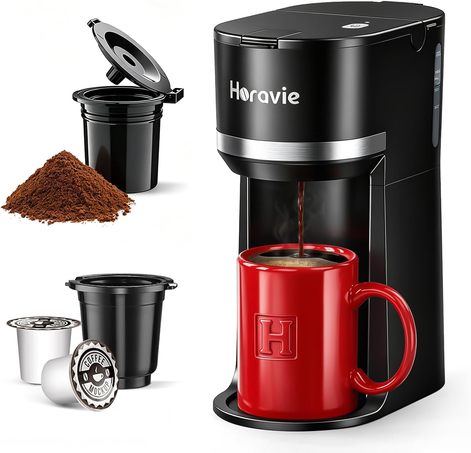 Horavie Small Single Serve Coffee Maker for K Cup and Grounds, Fast Brew One Cup Coffee Machine with One Button, 6 to 12 oz. Brew Sizes, Compact Pod Coffee Maker, Perfect for Home Office Travel, Black