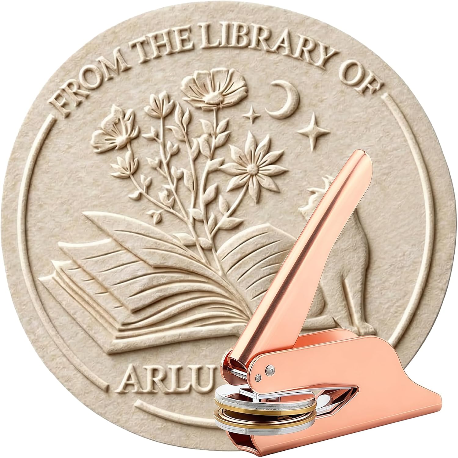 Book Embosser Personalized - Custom Embosser Stamp for Library & Book Lovers, 50+ Designs Including Floral & Monogram - Wedding Embosser for Invitations & Envelopes, Brass Clip & Metal Mold