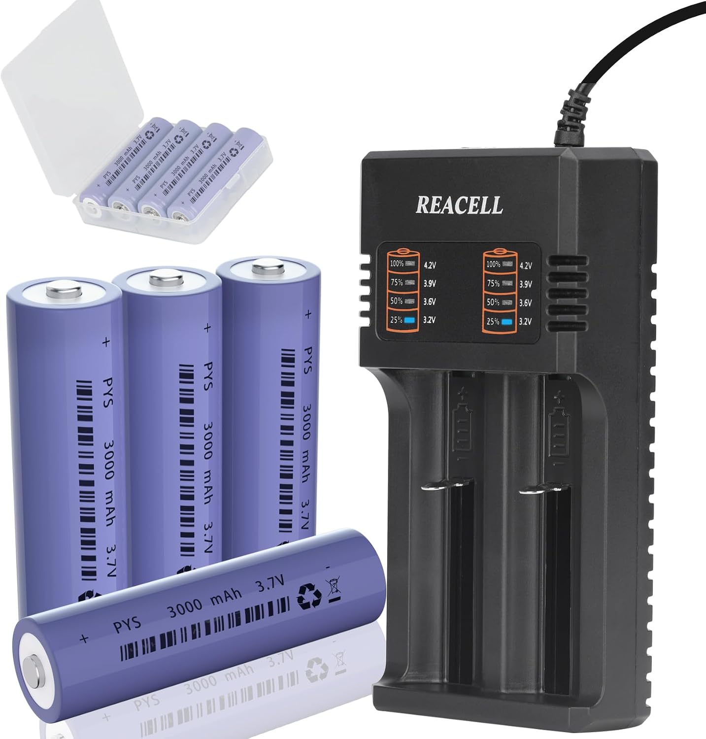 3.7 V Rechargeable Battery and Charger, 3000mAh*4 Pack Button Top
