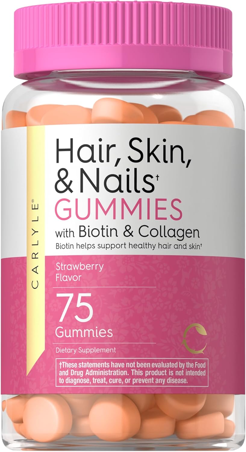 Carlyle Hair Skin and Nails Vitamins | 75 Gummies | with Biotin and Collagen | Gummy Supplement for Women | Strawberry Flavor | Non-GMO, Gluten Free