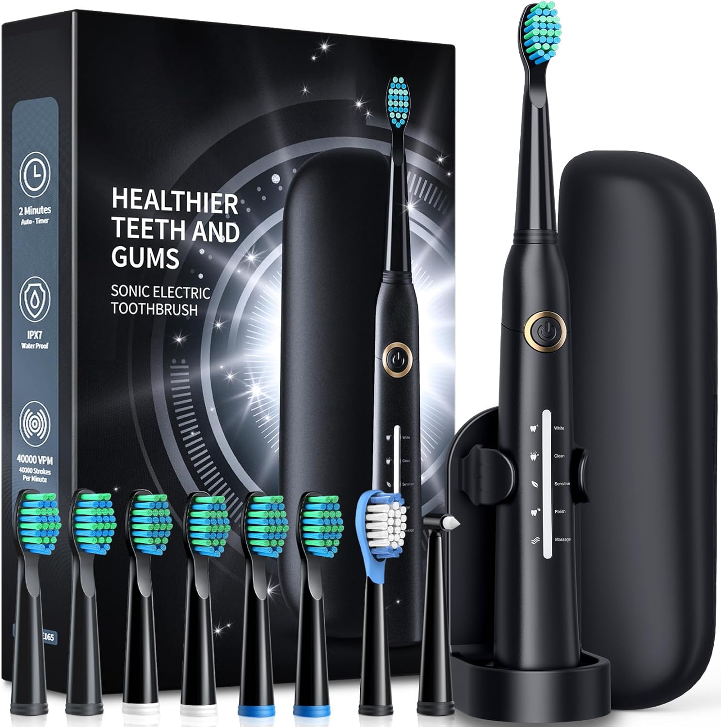 Electric Toothbrush with Travel Case, Sonic Toothbrush for Adults with 8 Brush Heads for 2-Year Use, 40000 VPM Deep Clean Rechargeable Toothbrushes Last 30 Days with 5 Modes