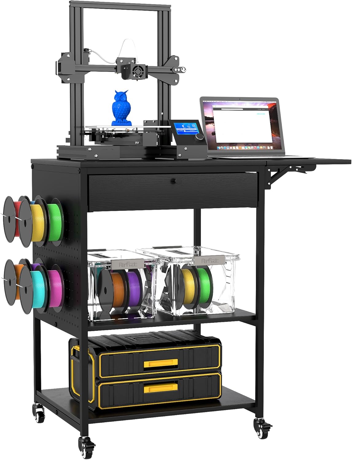 3-Tier Mobile 3D Printer Table with Storage Shelf and Drawer, Multi-Purpose Desktop Organizer Storage Shelf, Rolling Printer Cart for Office Home (90cm x 50cm x 80cm)