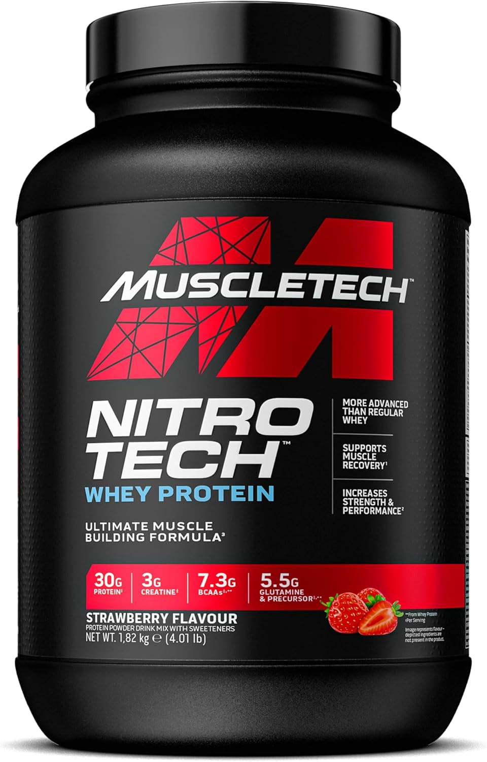 MuscleTech NitroTech Whey Protein Powder, Muscle Maintenance & Growth, Whey Isolate Protein Powder With 3g Creatine, Protein Shake For Men & Women, 7.3g BCAA, 40 Servings, 1.8g, Strawberry
