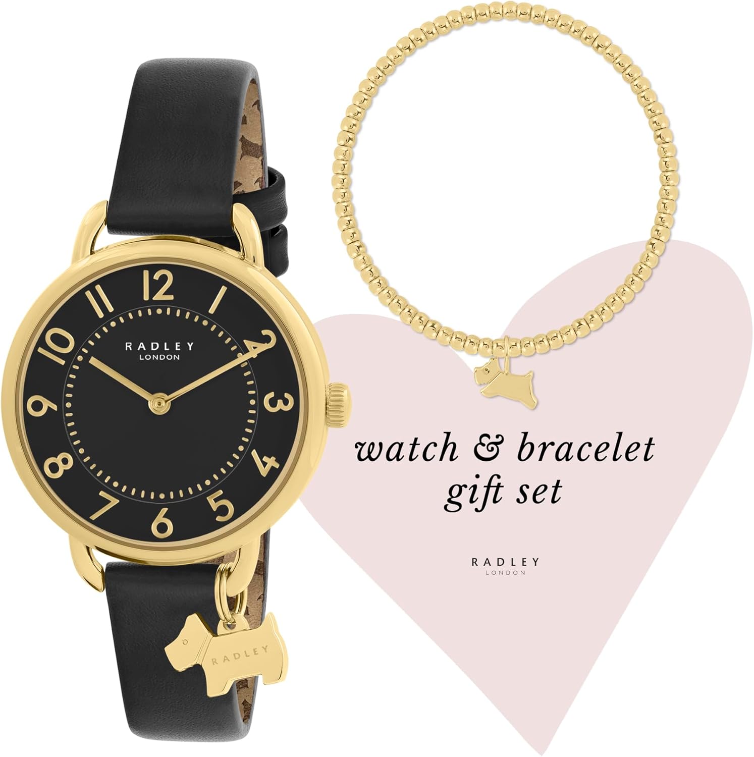 RADLEY Women's Pale Gold Black Leather Strap Watch & Expander Bracelet Set RY21660-SET