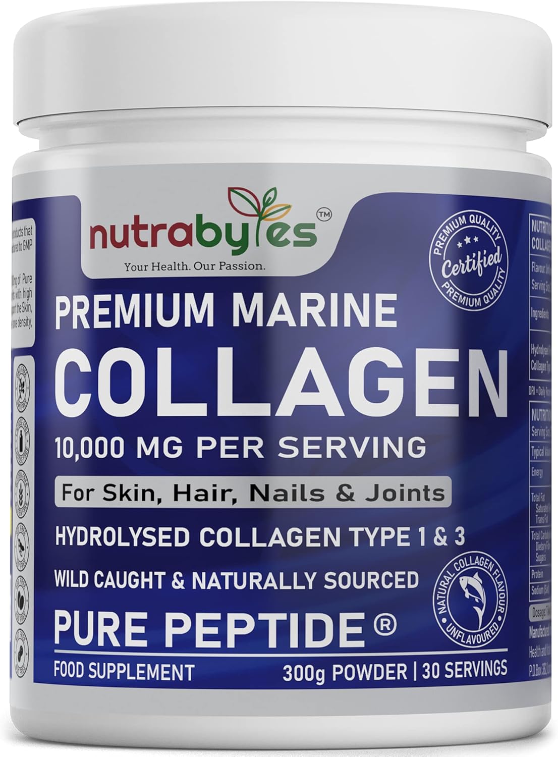 Marine Collagen Powder 10000mg | Hydrolysed Collagen Peptides Type 1 & 3 with 19 Amino Acids for Skin, Hair, Nails & Joints | Unflavoured | Collagen Supplement for Women & Men | 30 Day Supply (300g)