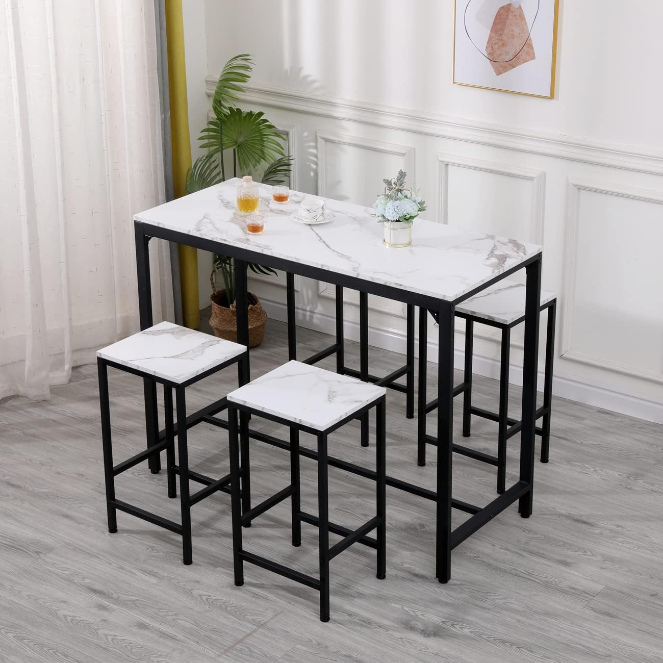 Bar Set with Marble Effect, Bar Table with 4 Stools Set Home Bar Set Kitchen Counter Set for Breakfast Modern High Dining Table with 4 Chairs for Home Dining Room Restaurant Bistro (White Marble)