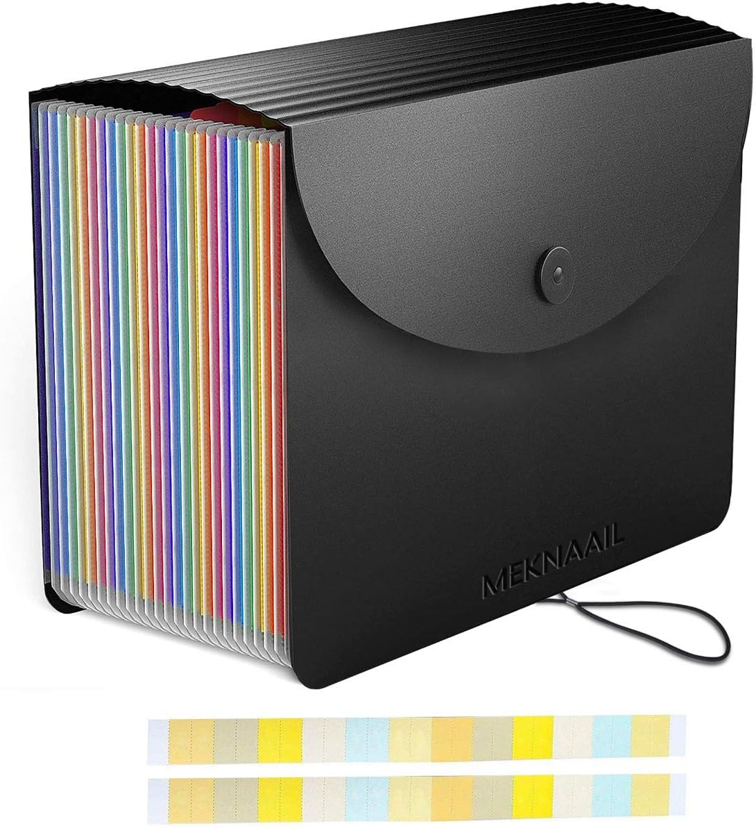 Meknaail File Organiser 24 Pockets Document Organiser Expanding Accordion Filing Folders for Paperwork A4 Size with Lid and Colour Labels Rainbow Document Box for Paper and File Storage (24 Pockets)