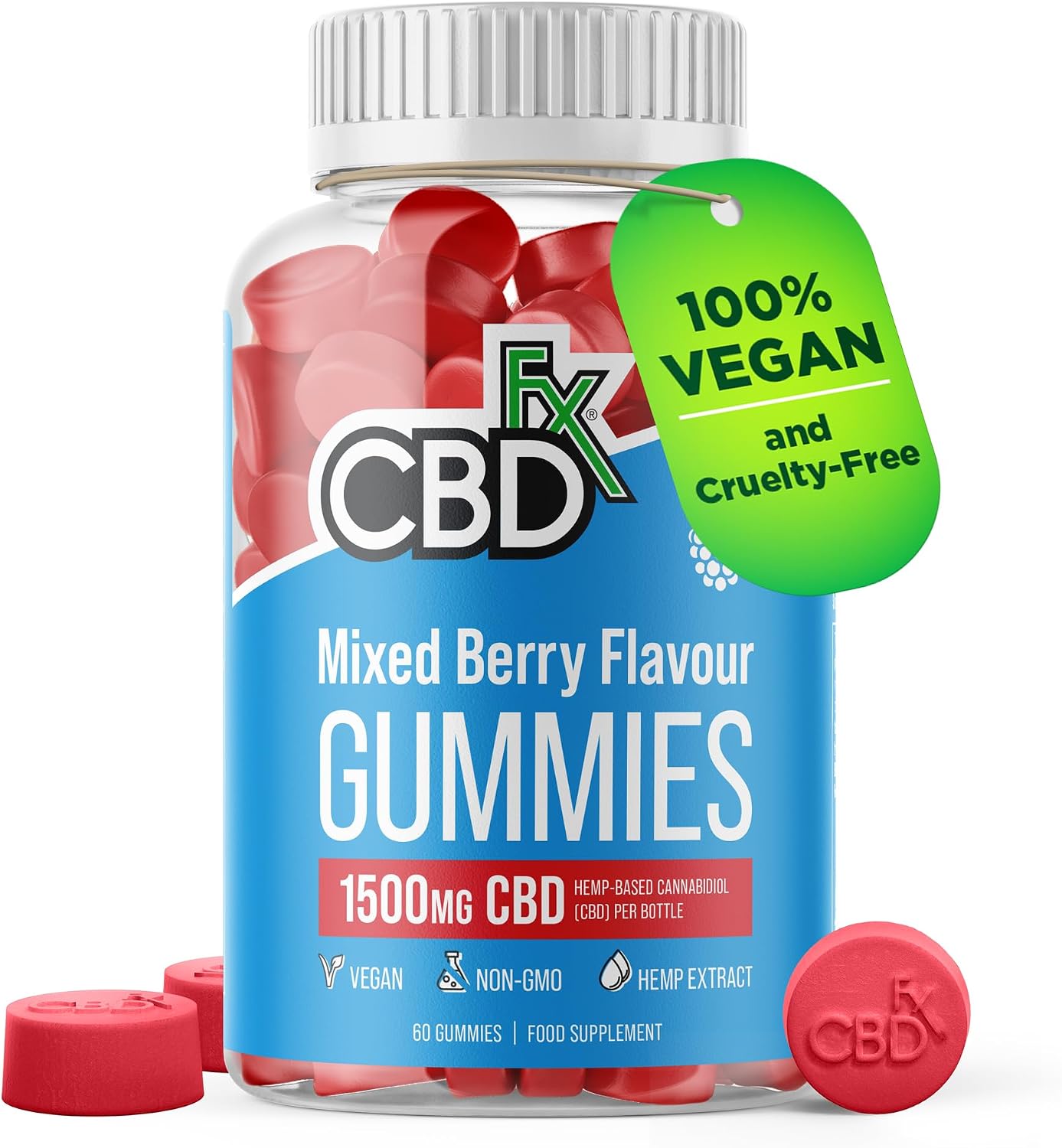 CBDfx 1500mg High Strength Mixed Berry CBD Gummies, 25mg per Gummy, Natural Sleep and Anxiety Support, Vegan Gummies No THC (60x Bottle)