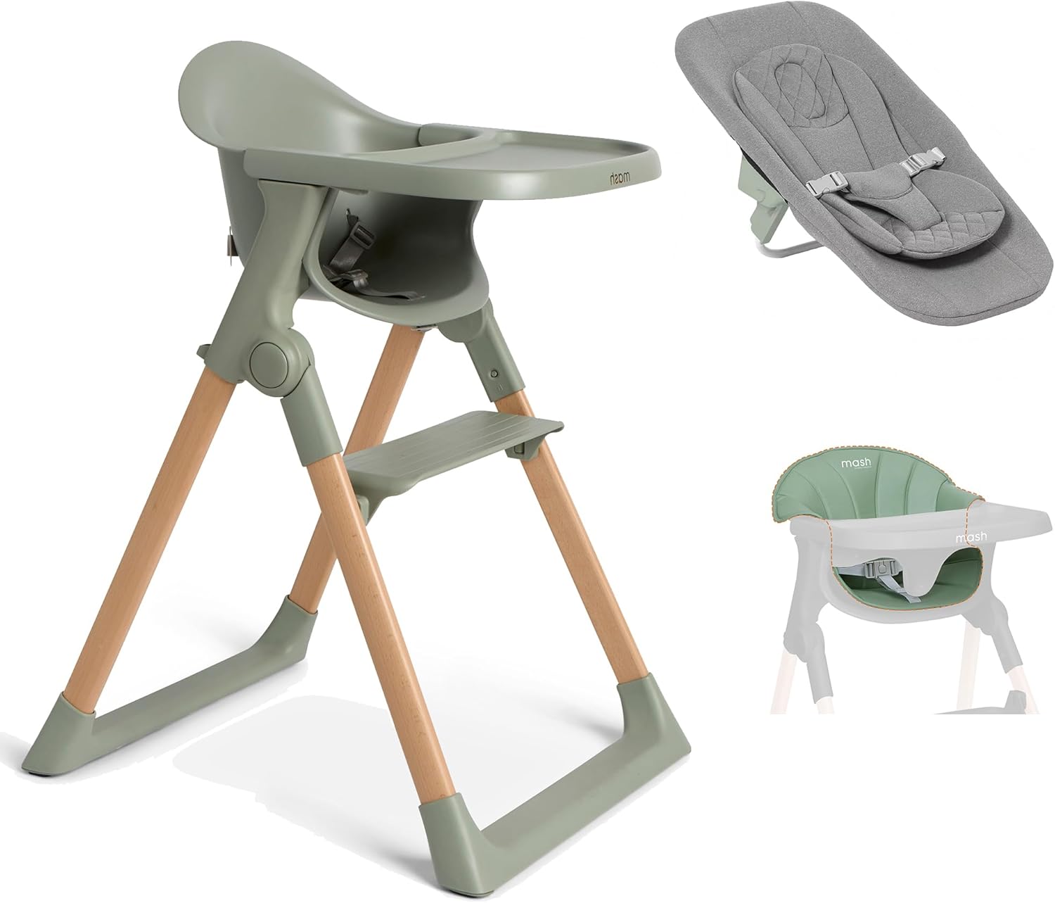Mash High Chair Bundle by Baby Elegance | Includes Newborn Seat (0-6 Months), Toddler Seat (6+ Months) & Sage Cushion | Adjustable Sage High Chair for Babies & Toddlers