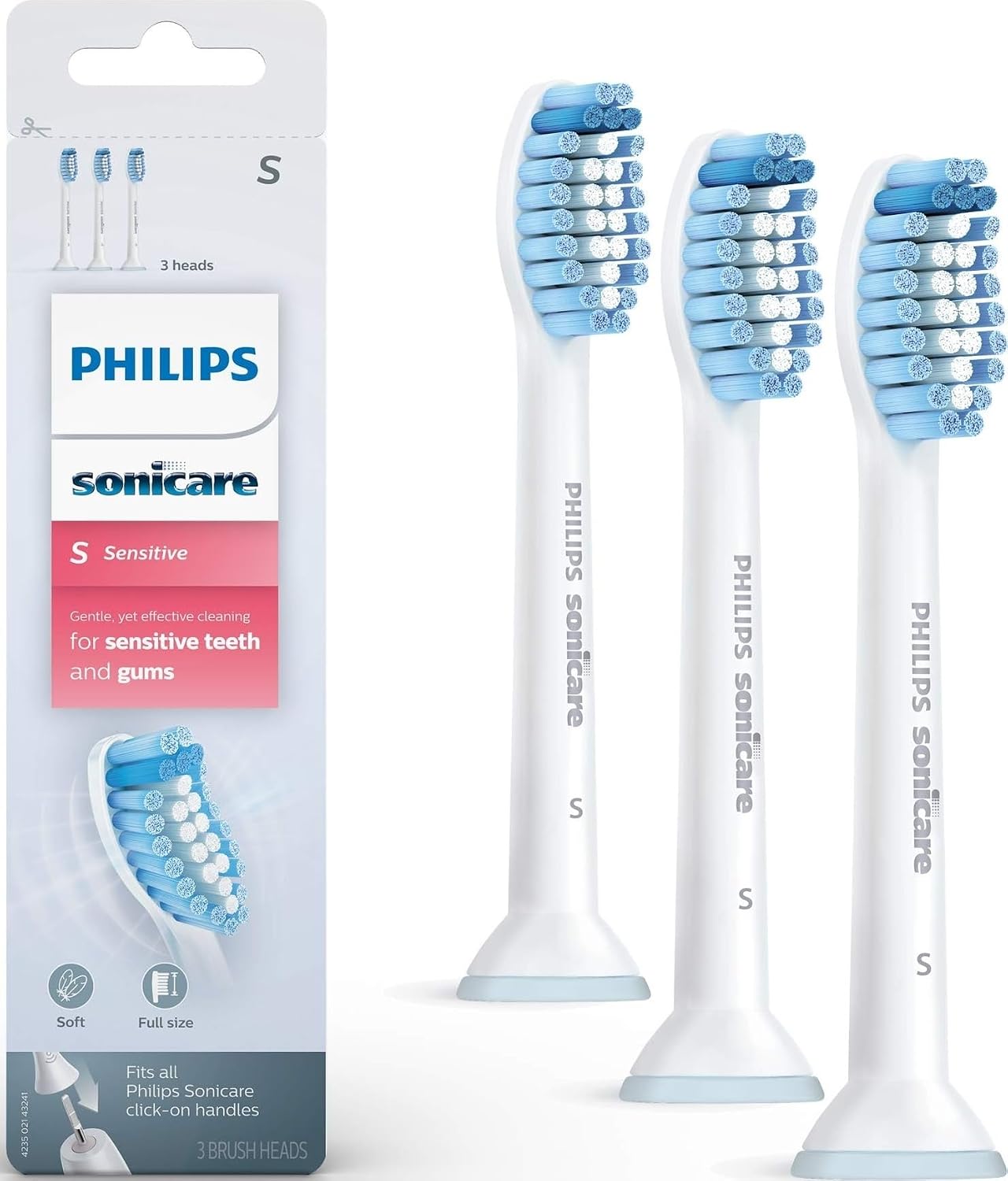 Philips Sonicare Genuine Sensitive Replacement Toothbrush Heads for Sensitive Teeth, 3 Brush Heads, White, HX6053/64