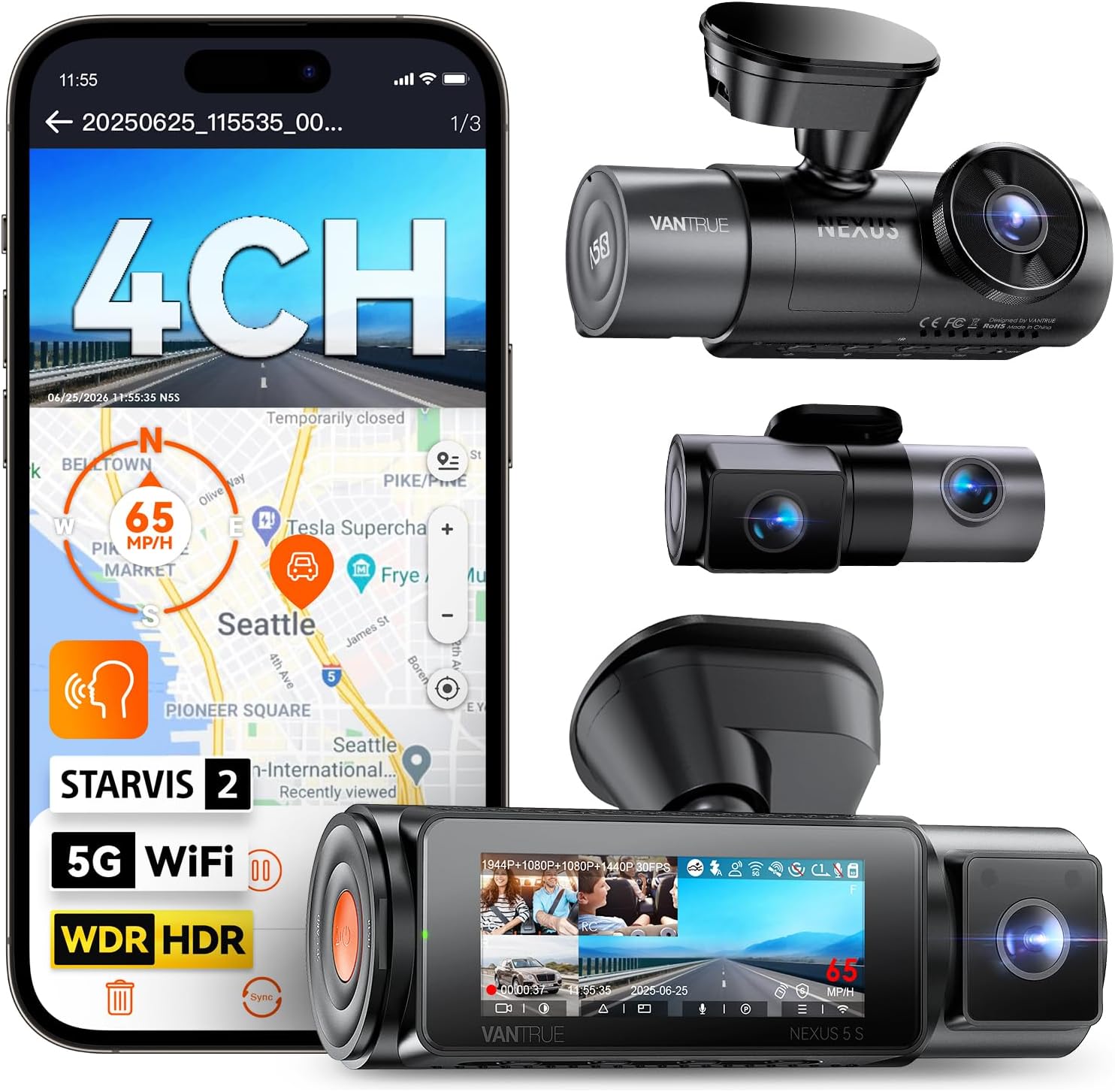 Vantrue N5S 4 Channel 360 Degree 2.7K Dash Cam | 2.7K+1080P*2+1440P Front and Rear Dashcam, STARVIS 2 Night Vision, 24/7 Parking Mode, WiFi, Voice Control, Dual GPS,1TB Max