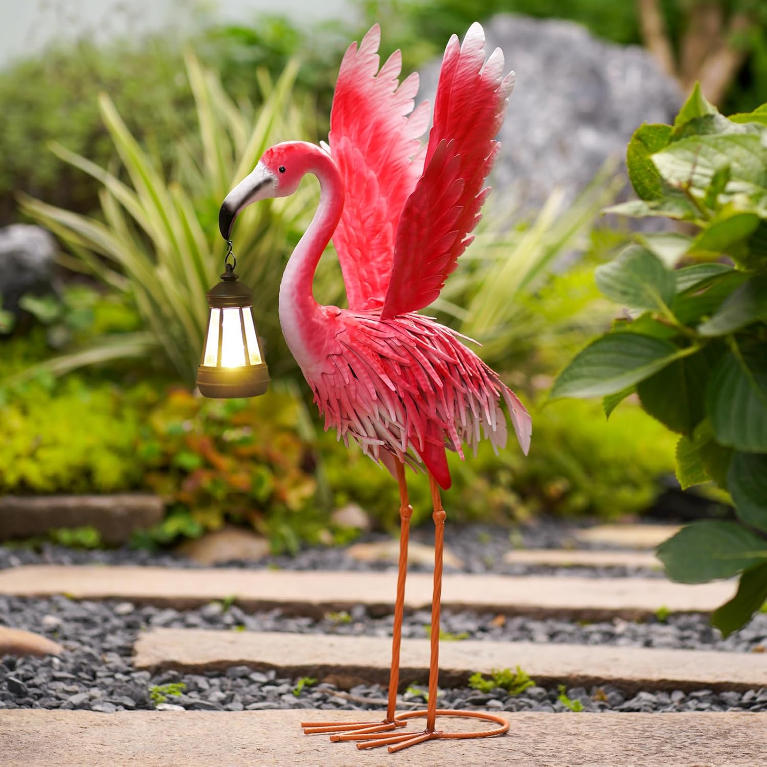 Nacome Metal Flamingo Decor for Yard Art: Solar Sculptures & Statues Clearance Lawn Ornaments for Patio Balcony Front Backyard- Gifts for Grandma Mom