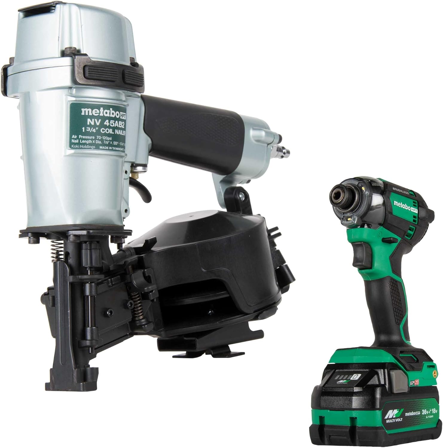 Metabo HPT Pneumatic Roofing Nailer + 18V Impact Driver Pro Bundle Kit, 1-3/4-Inch Coil Roofing Nailer with BONUS 18V Triple Hammer Impact Driver Kit, KNV45AB2