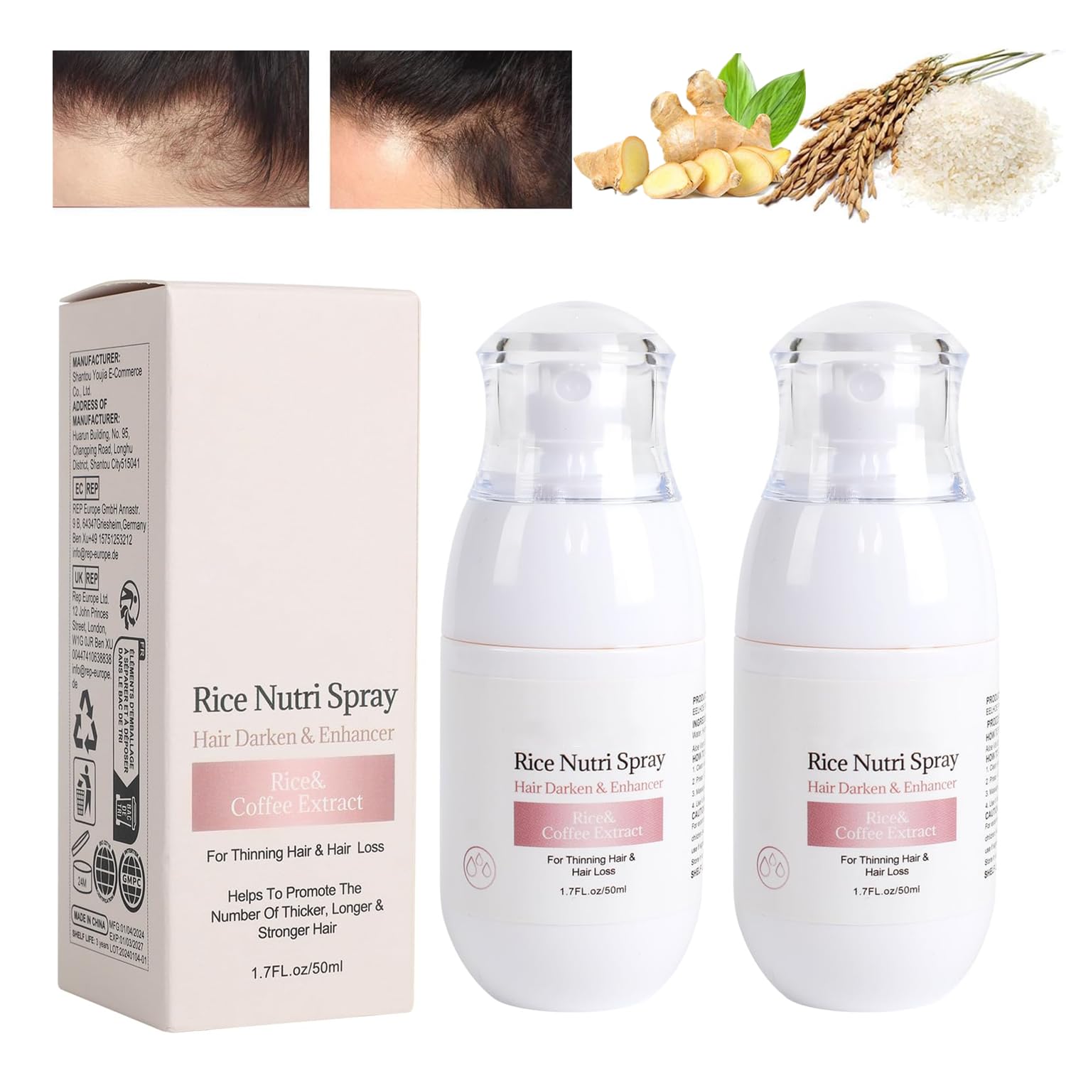 2Pc Rice Water Hair Growth Helper Spray for Thinning Hair, Unscented Oil for All Hair Types, Fast Absorption Hair Thickening Natural Spray(50ml)