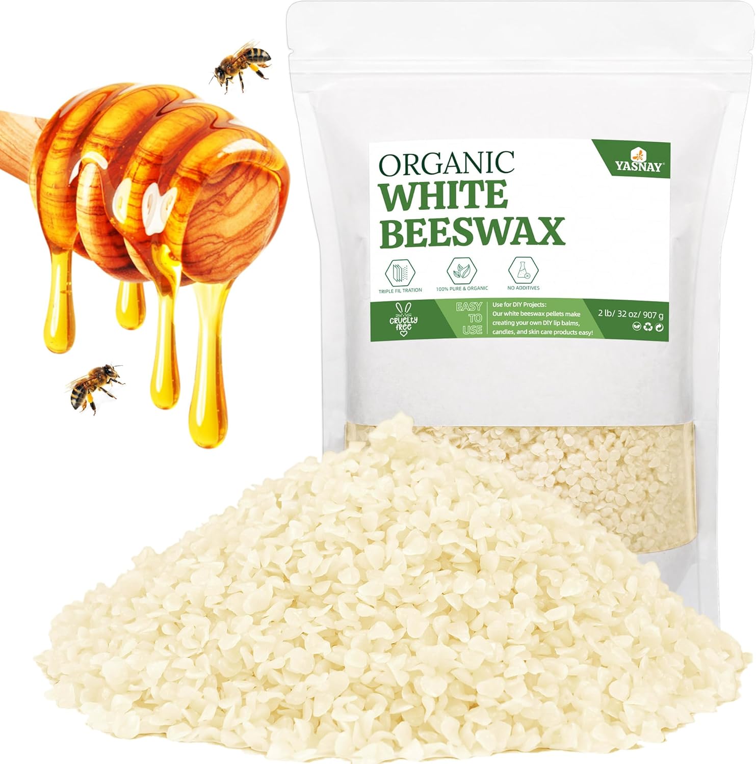 YASNAY White Beeswax Pellets 2LB, Organic Beeswax, Bees wax for Candle Making, Body, Skin Care DIY, Lip Balm and Soap Making Supplies