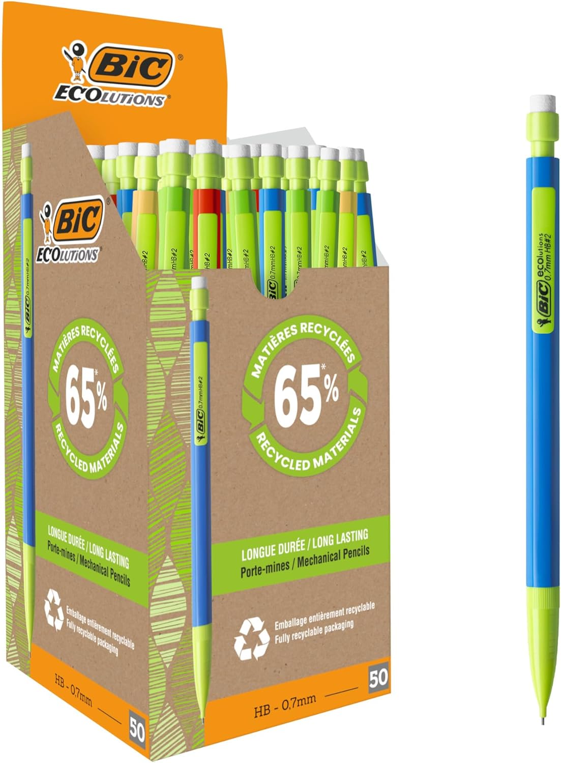 BIC Matic ECOlutions Mechanical Pencils - Box of 50 with Assorted Barrel Colours - 0.7 mm HB Friendly Pencils with Resistant Leads, black