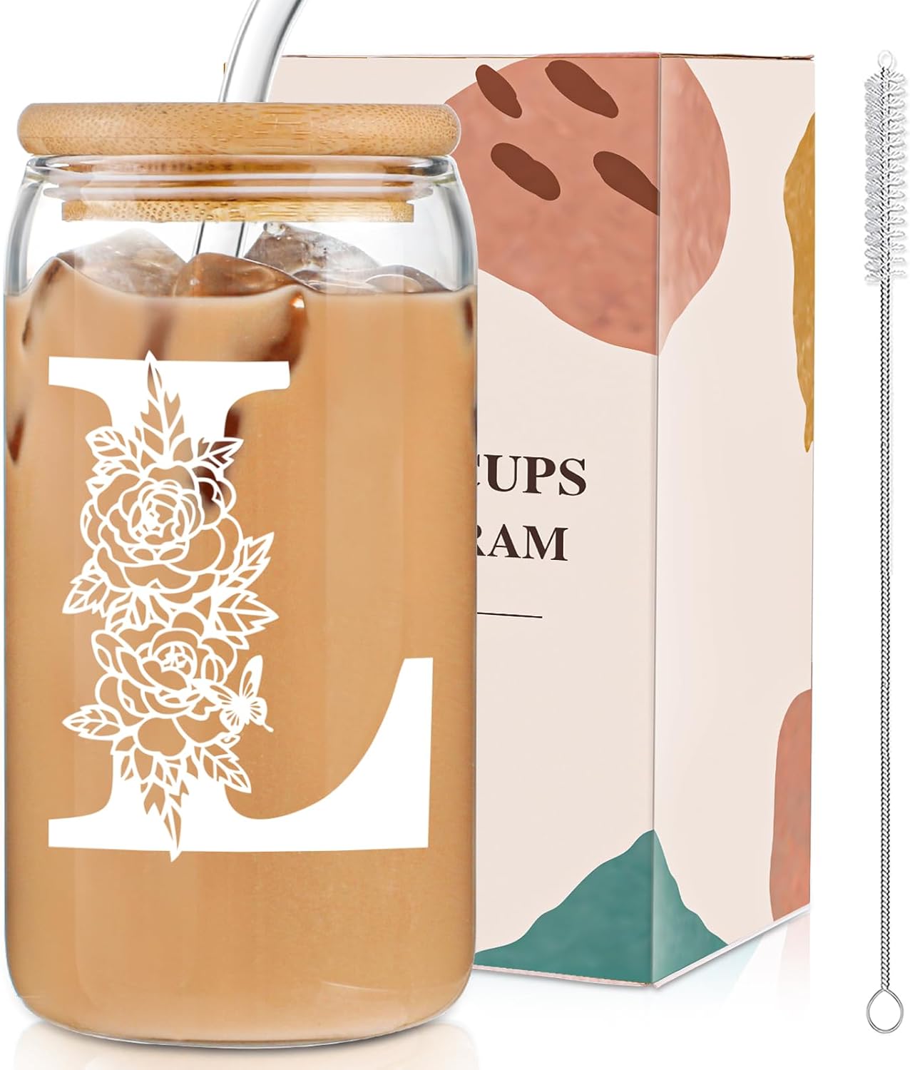 DWTS DANWEITESI Gifts for Holidays,Birthday Gifts for Women,Personalized Initial Glass Cup as Iced Coffee Cups,Aesthetic Smoothie Cup Cute Beer Tumbler,16 oz Glass Cups with Lids and Straws-L(1PSC)