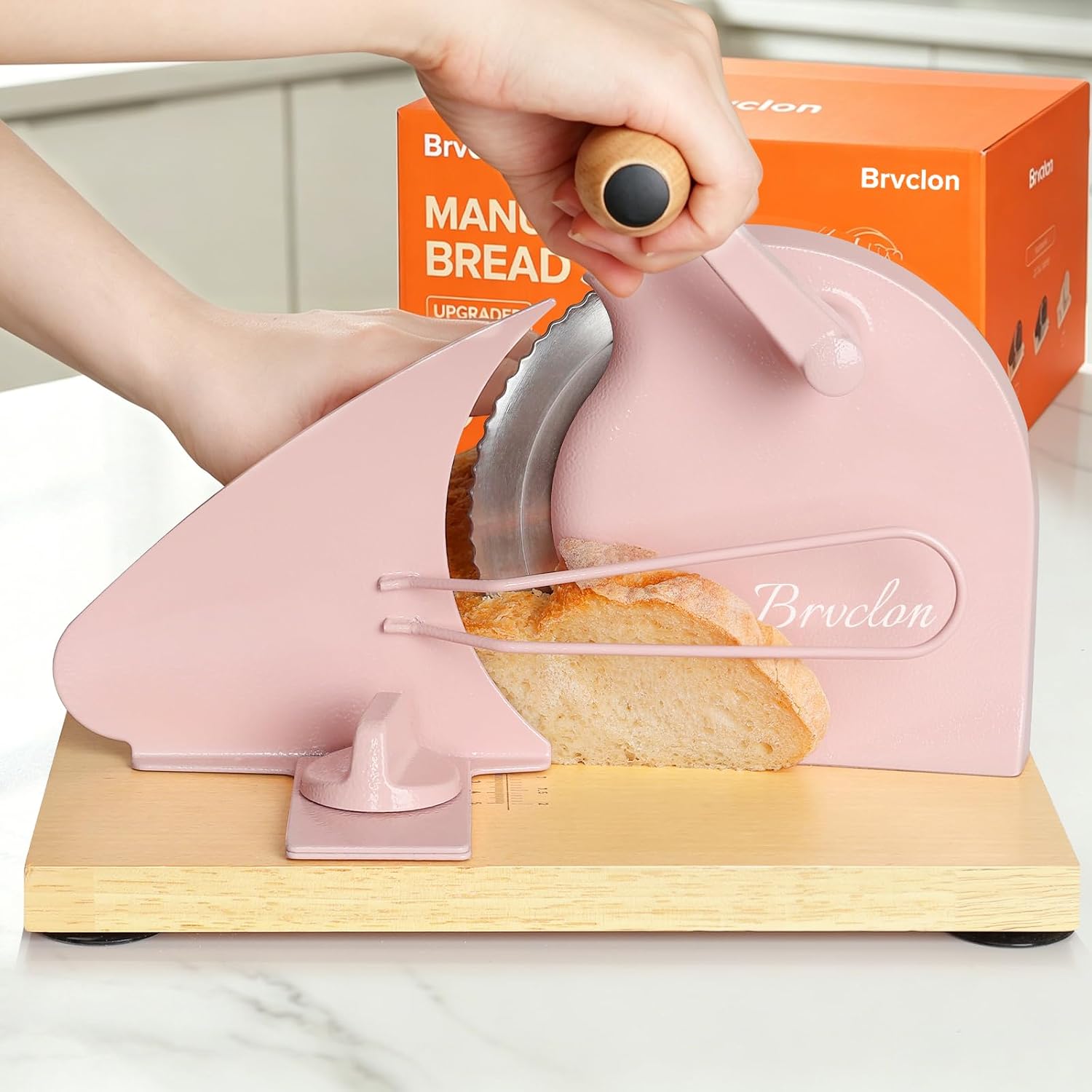 Brvclon Manual Bread Slicer Adjustable Thickness, Hand Crank Bread Slicer for Homemade Sourdough Bread with Scale Line & Suction Cup & Metal Guide,Quality Solid Wood Base